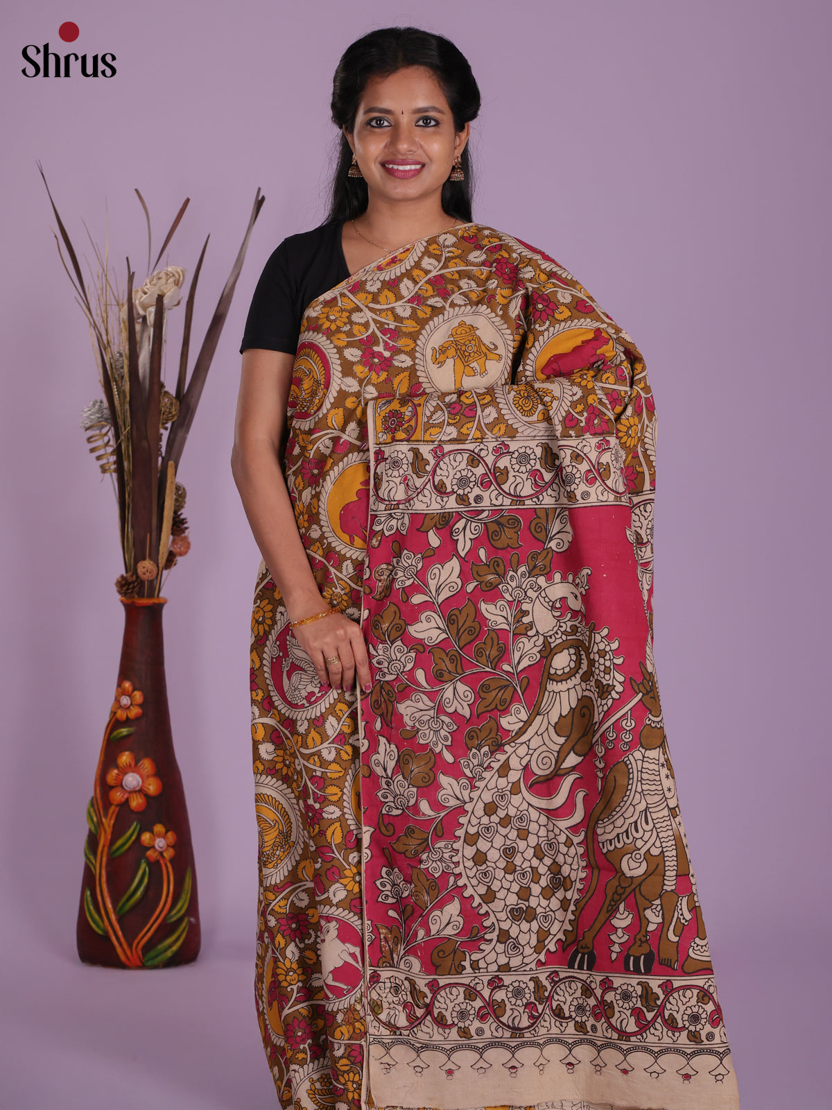 Dark Mustard & Pink - kalamkari-cotton Saree