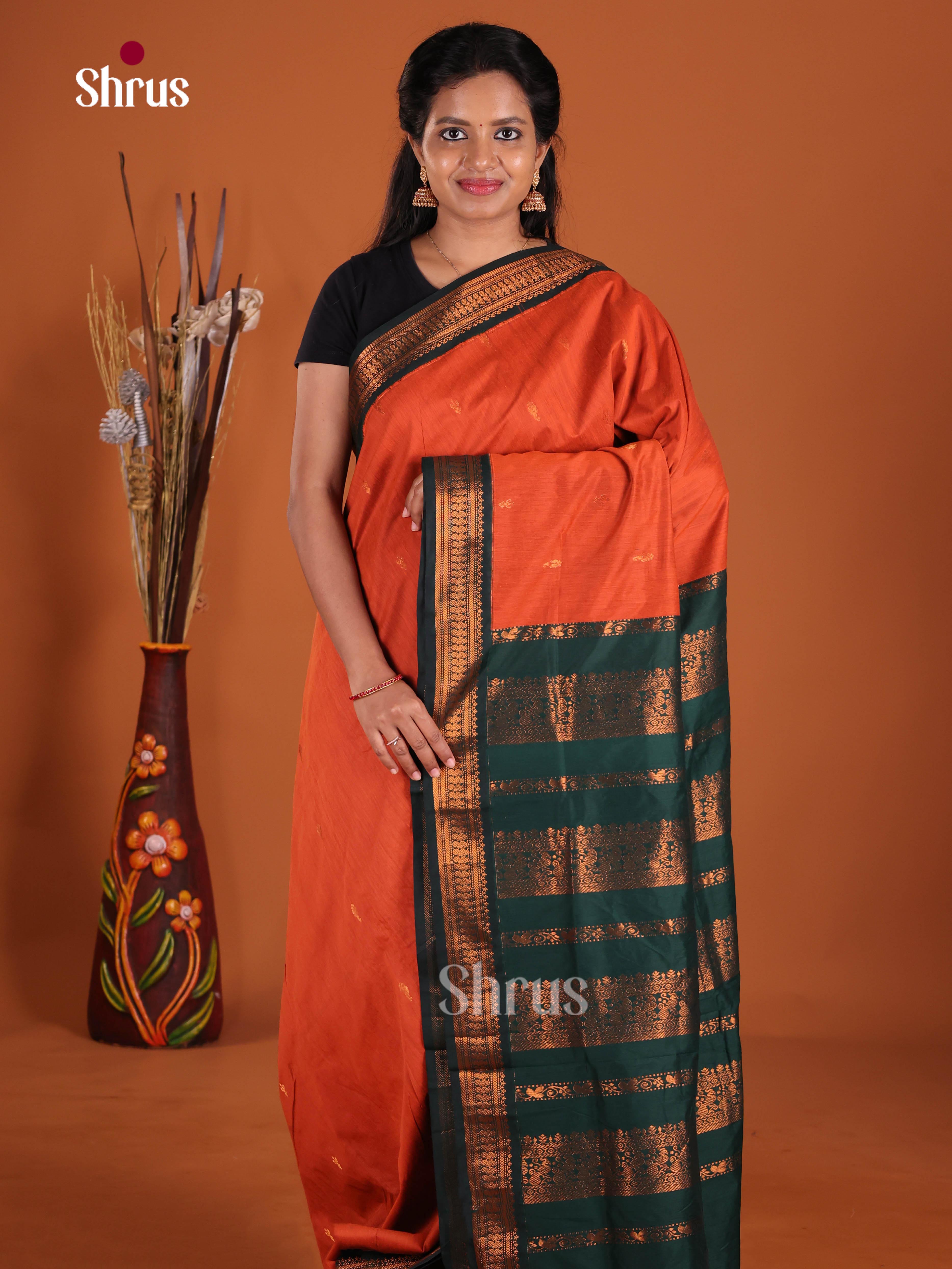 Orange & Green- Kalyani Cotton Saree - Shop on Shrus.com