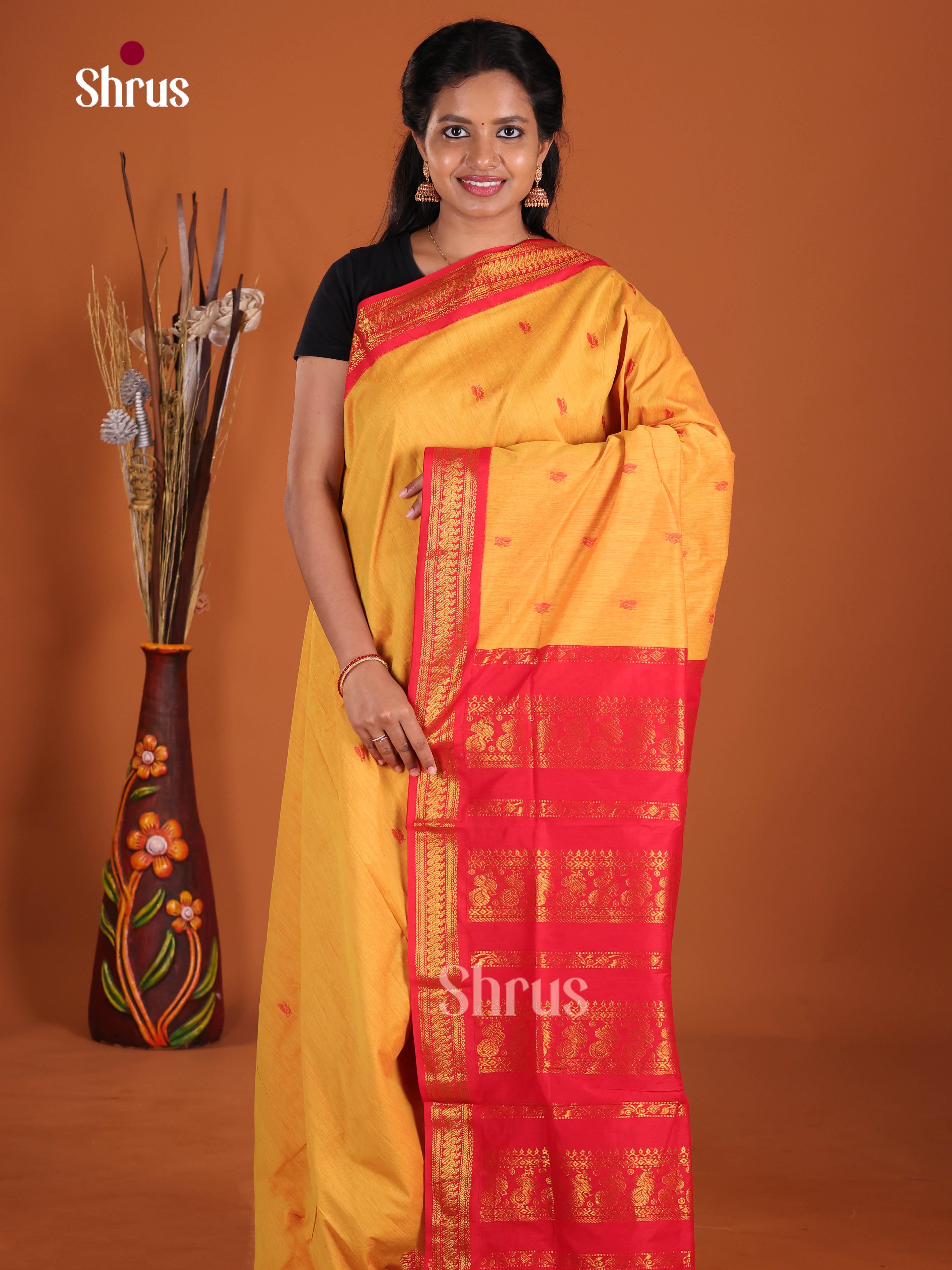 Mustard & Red - Kalyani Cotton Saree