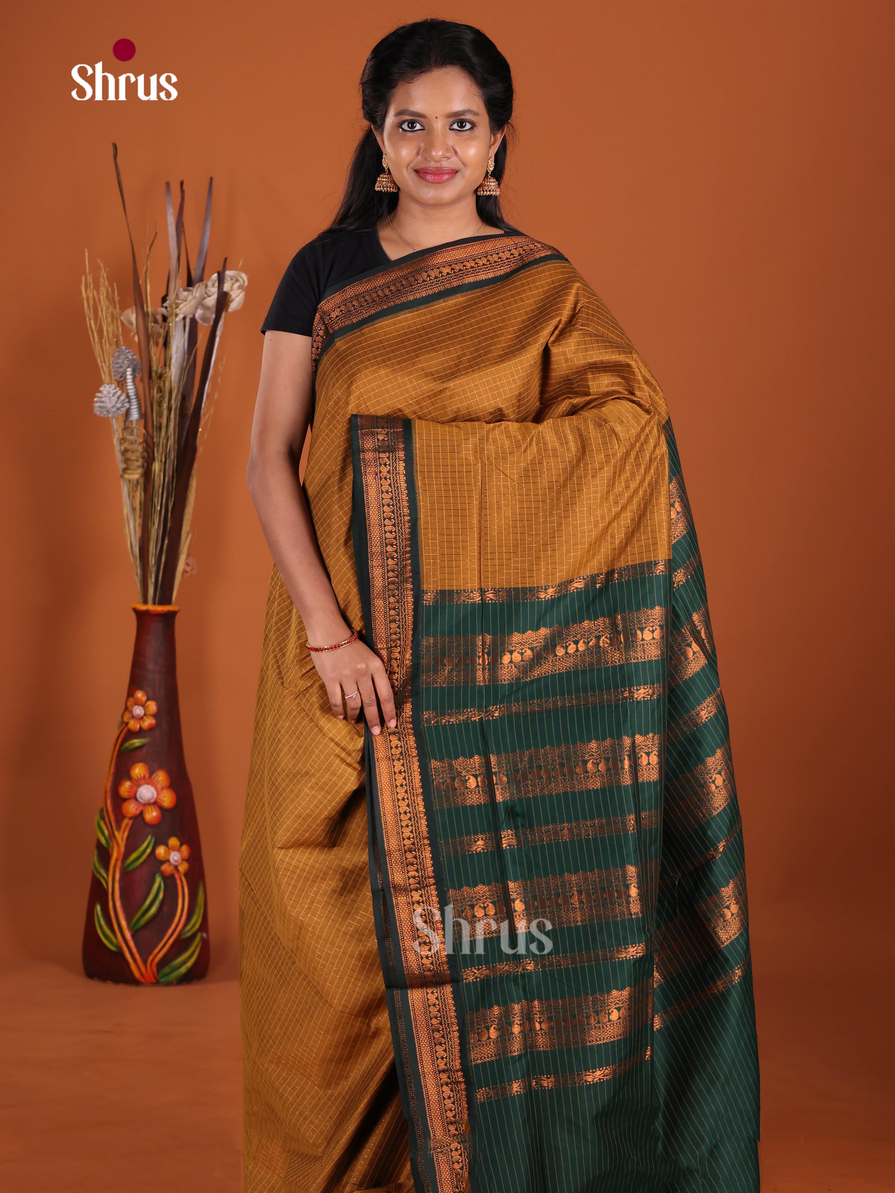 Dark Mustard & Green- Kalyani Cotton Saree