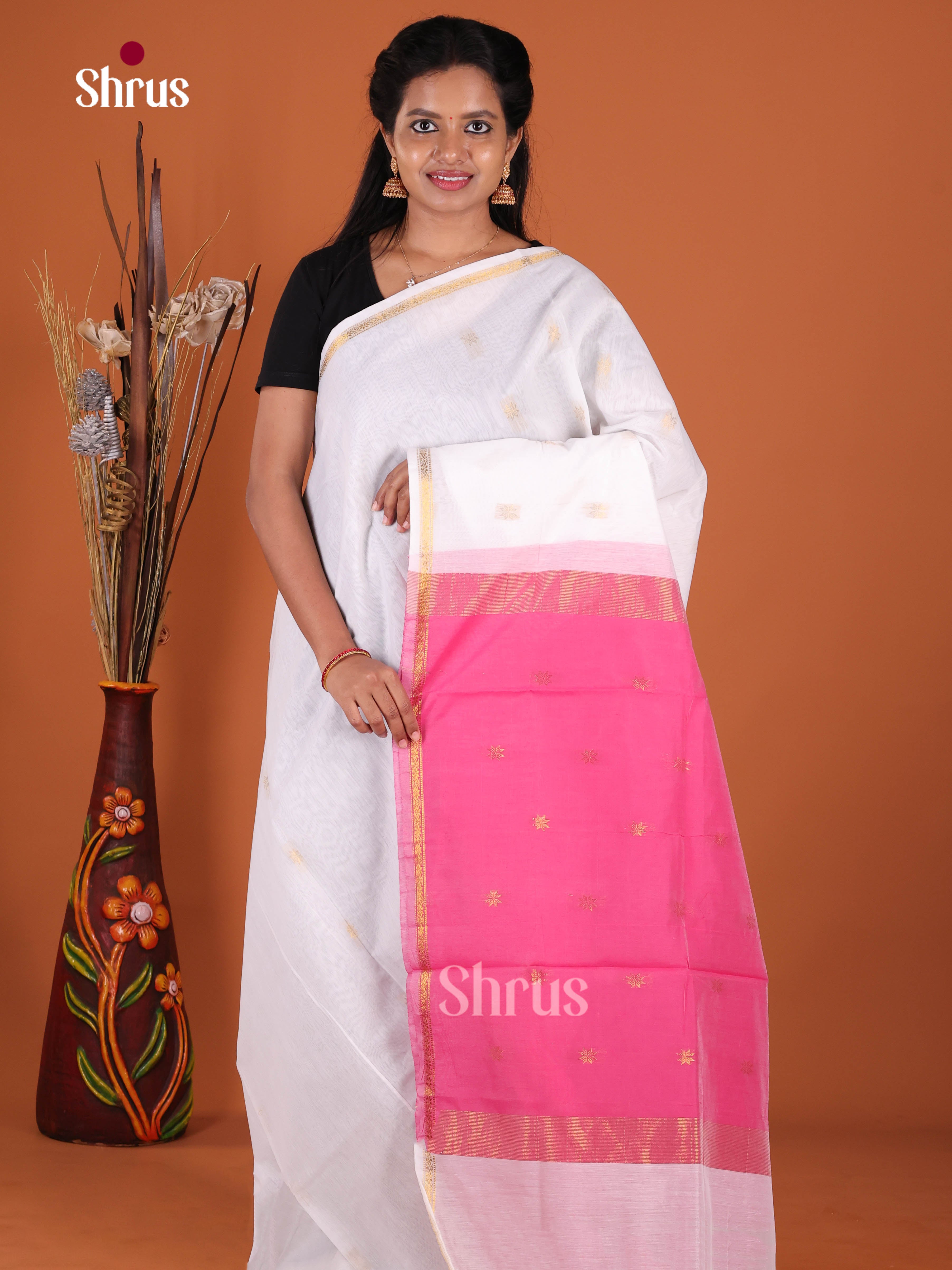 White & Pink - Semi Maheshwari Saree