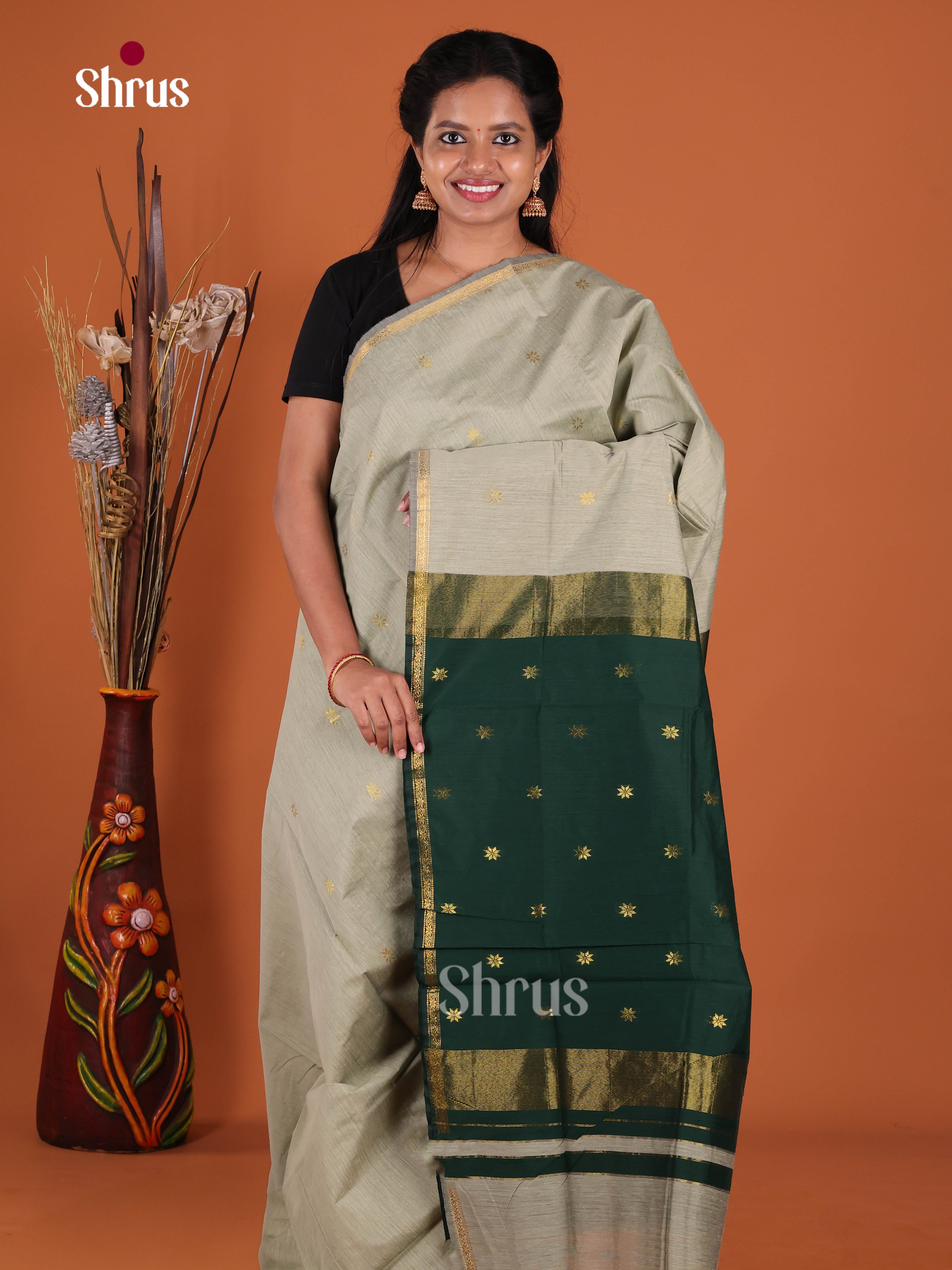 Grey & Green - Semi Maheshwari Saree