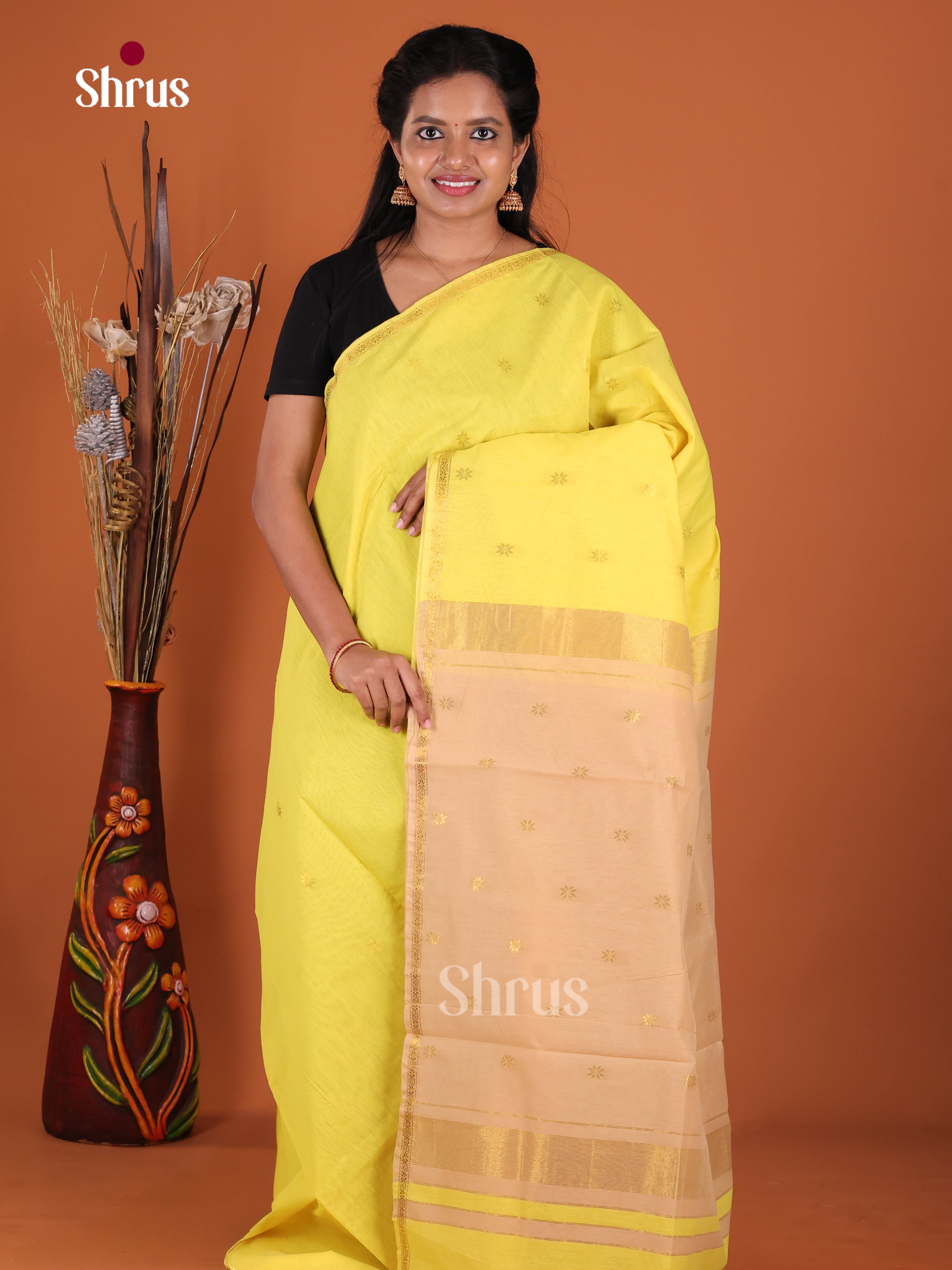 Yellow & Beige - Semi Maheshwari Saree