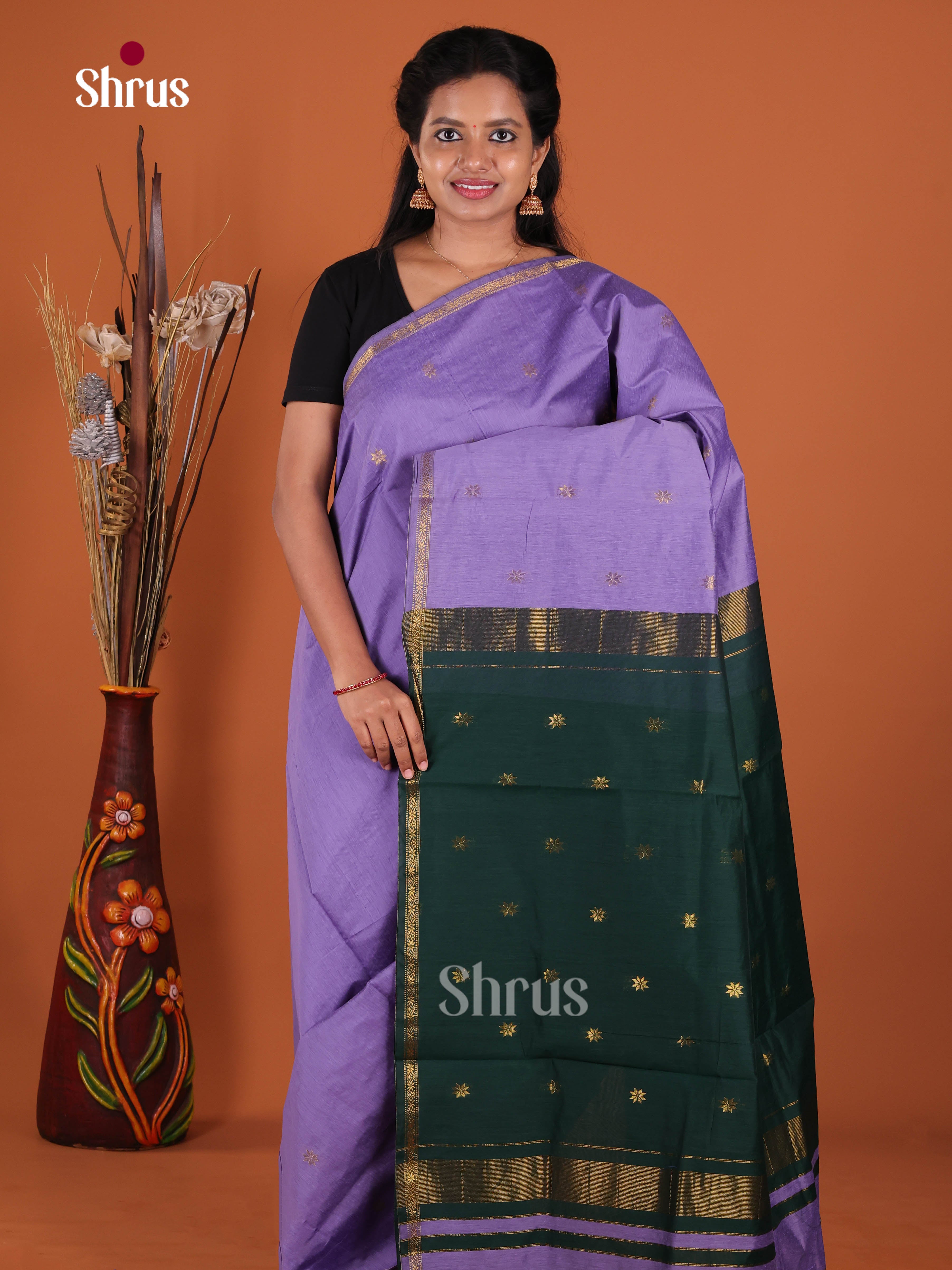 Lilac & Green - Semi Maheshwari Saree - Shop on Shrus.com