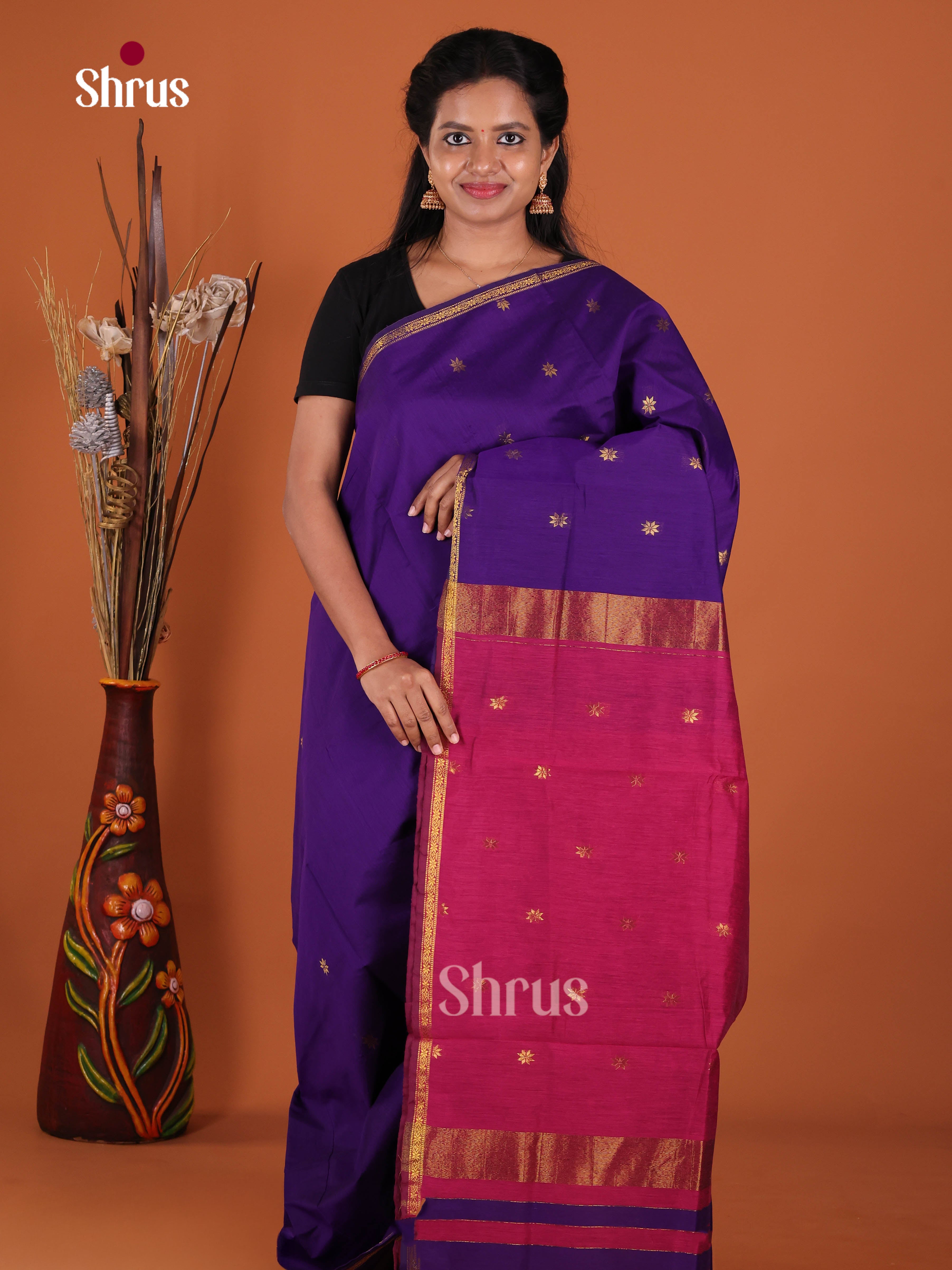 Violet & Pink - Semi Maheshwari Saree - Shop on Shrus.com