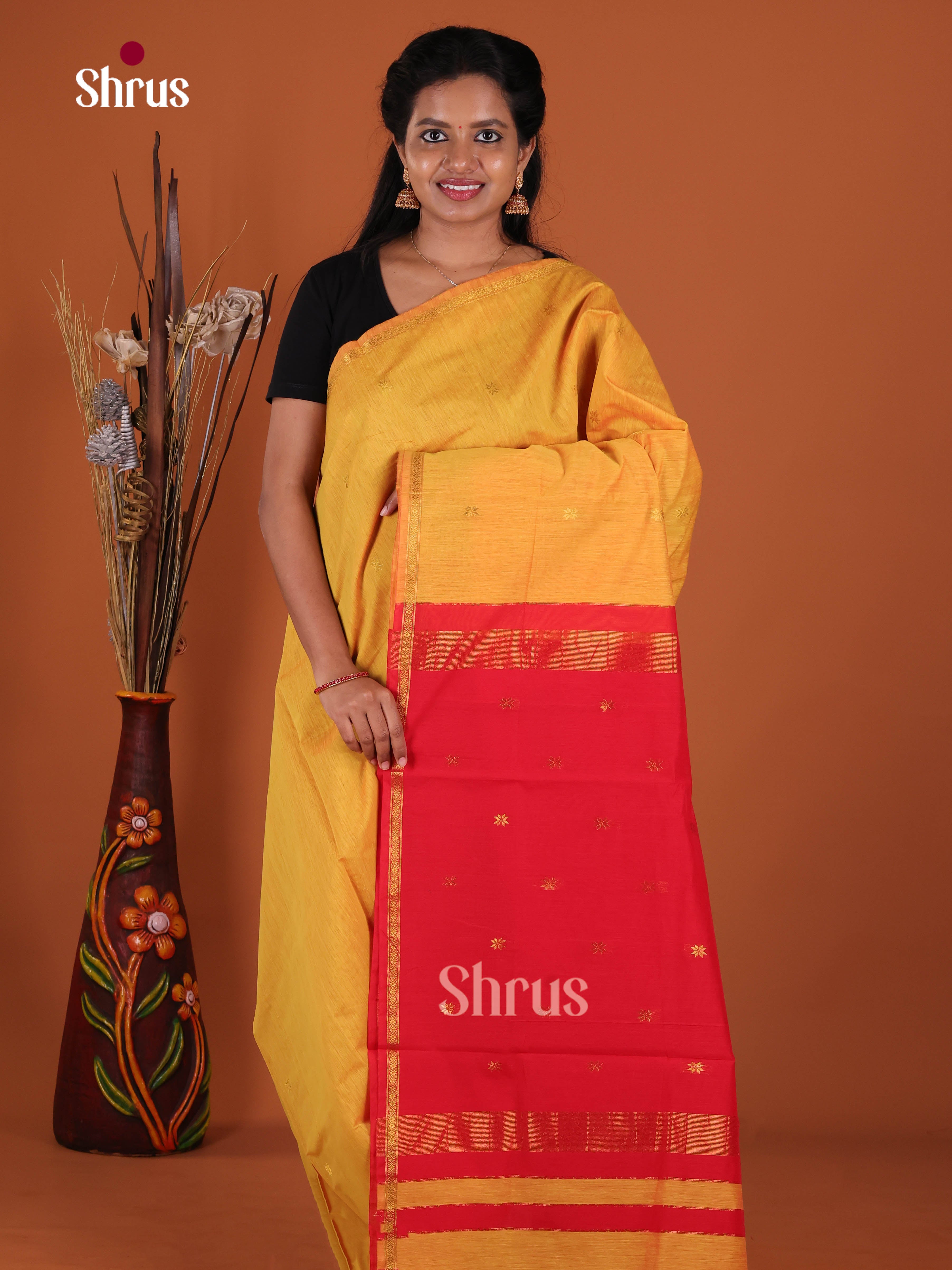 Mustard & Red - Semi Maheshwari Saree