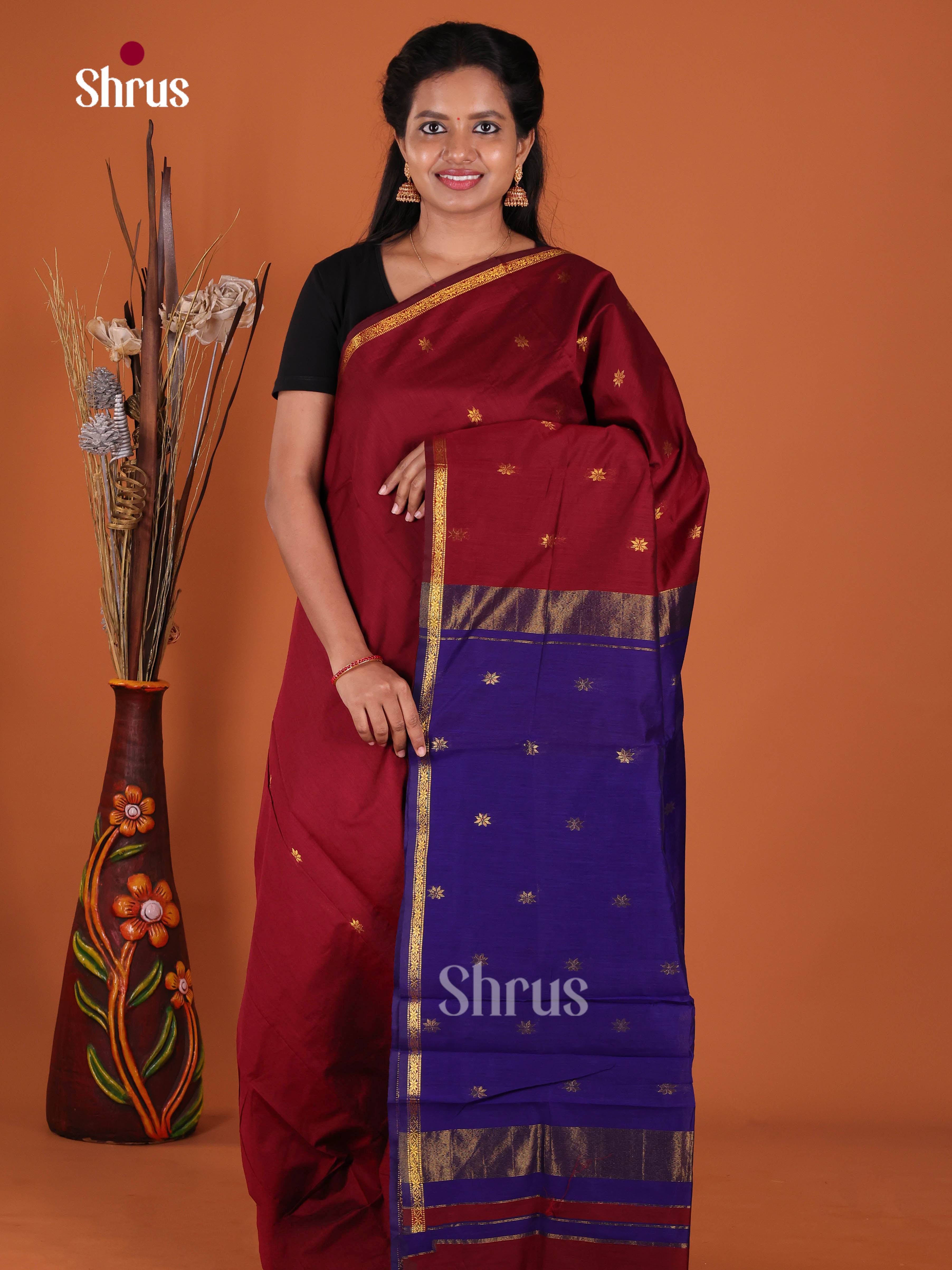 Maroon & Blue- Semi Maheshwari Saree - Shop on Shrus.com
