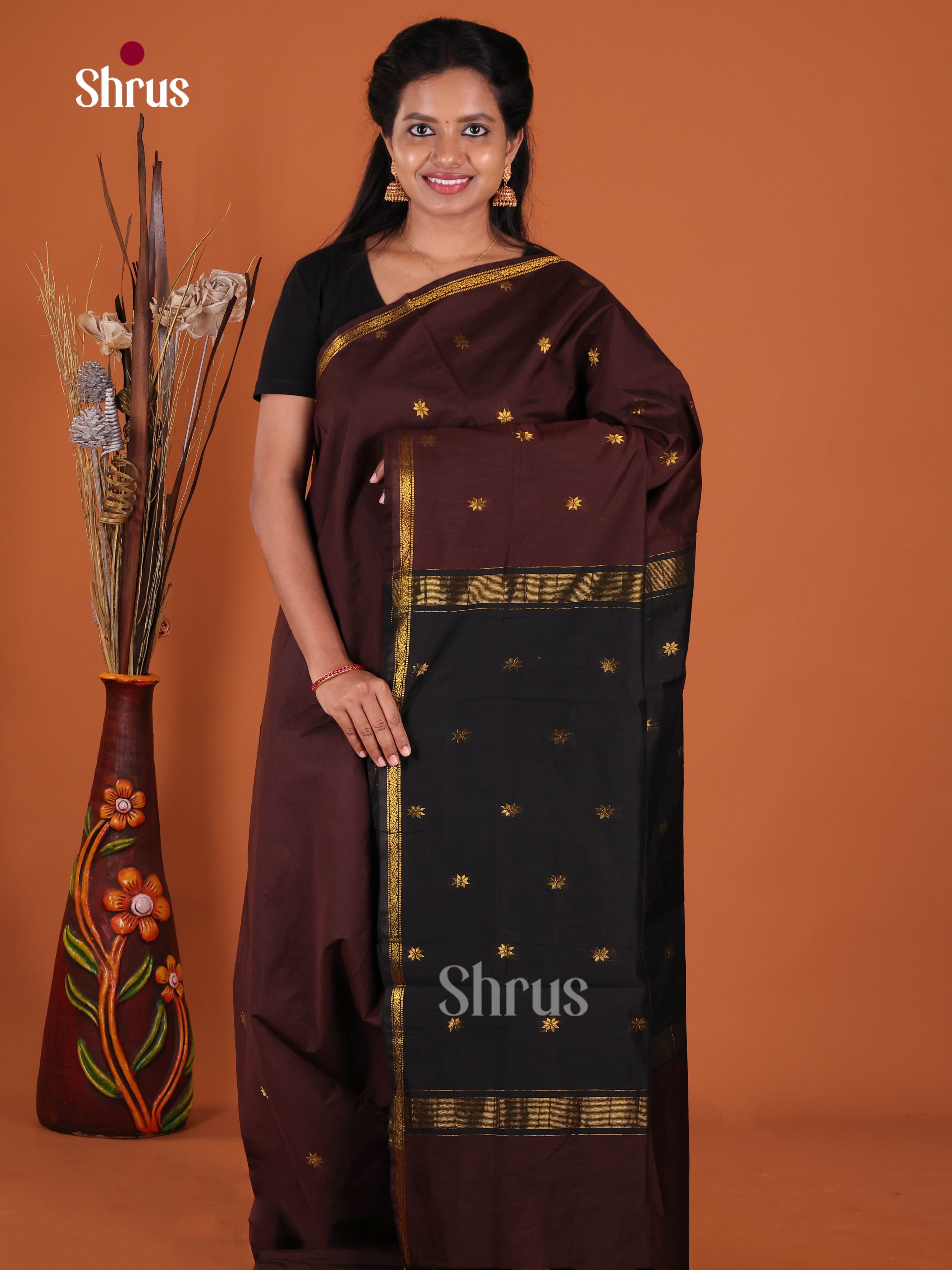 Brown & Black - Semi Maheshwari Saree