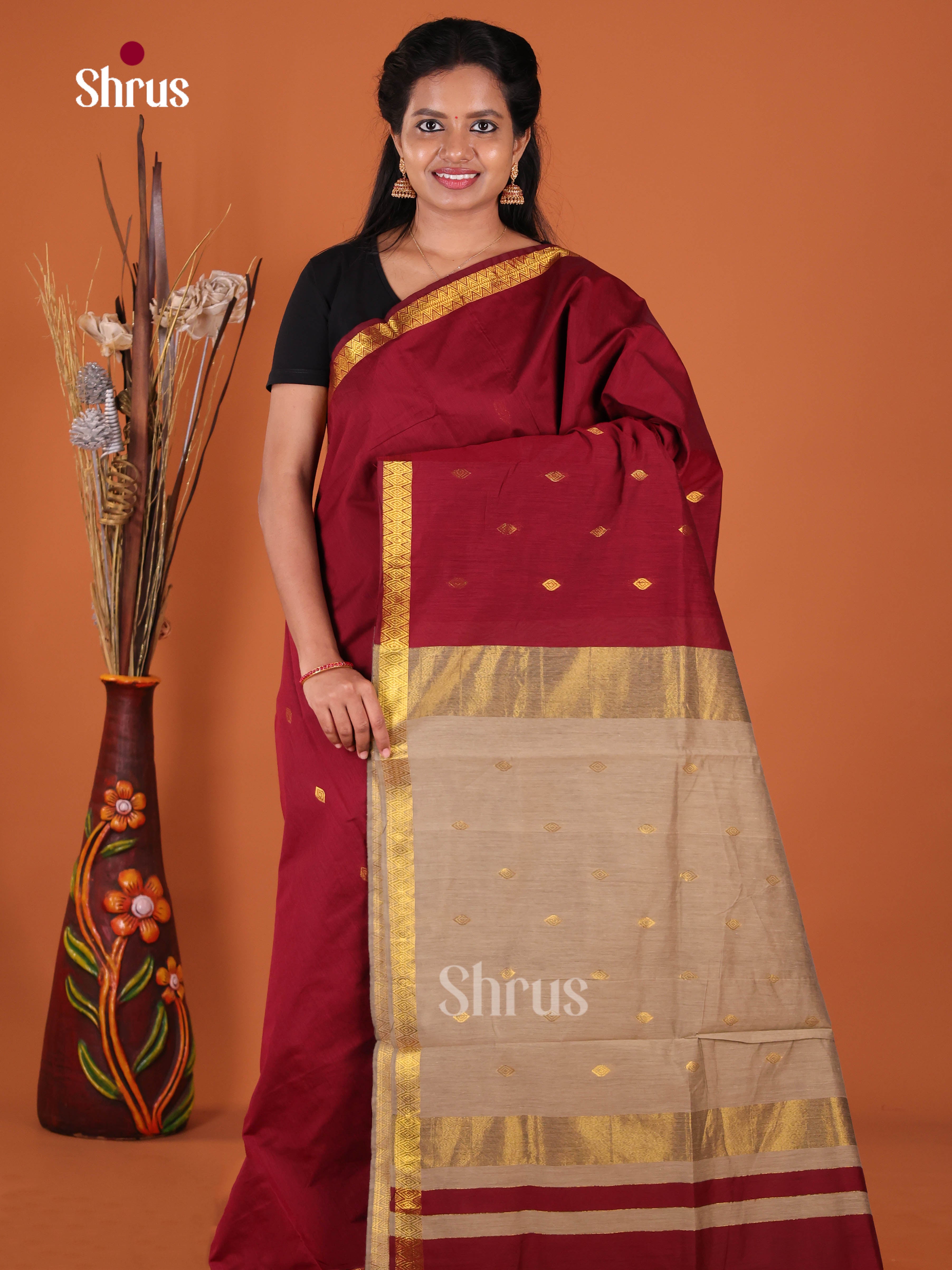 Maroon & Grey - Semi Maheshwari Saree - Shop on Shrus.com