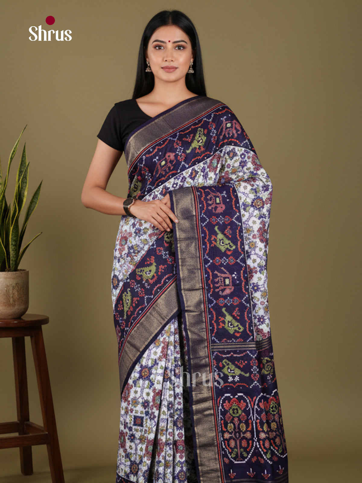 DJS24514 - Semi Ikkat Print Saree - Shop on Shrus.com