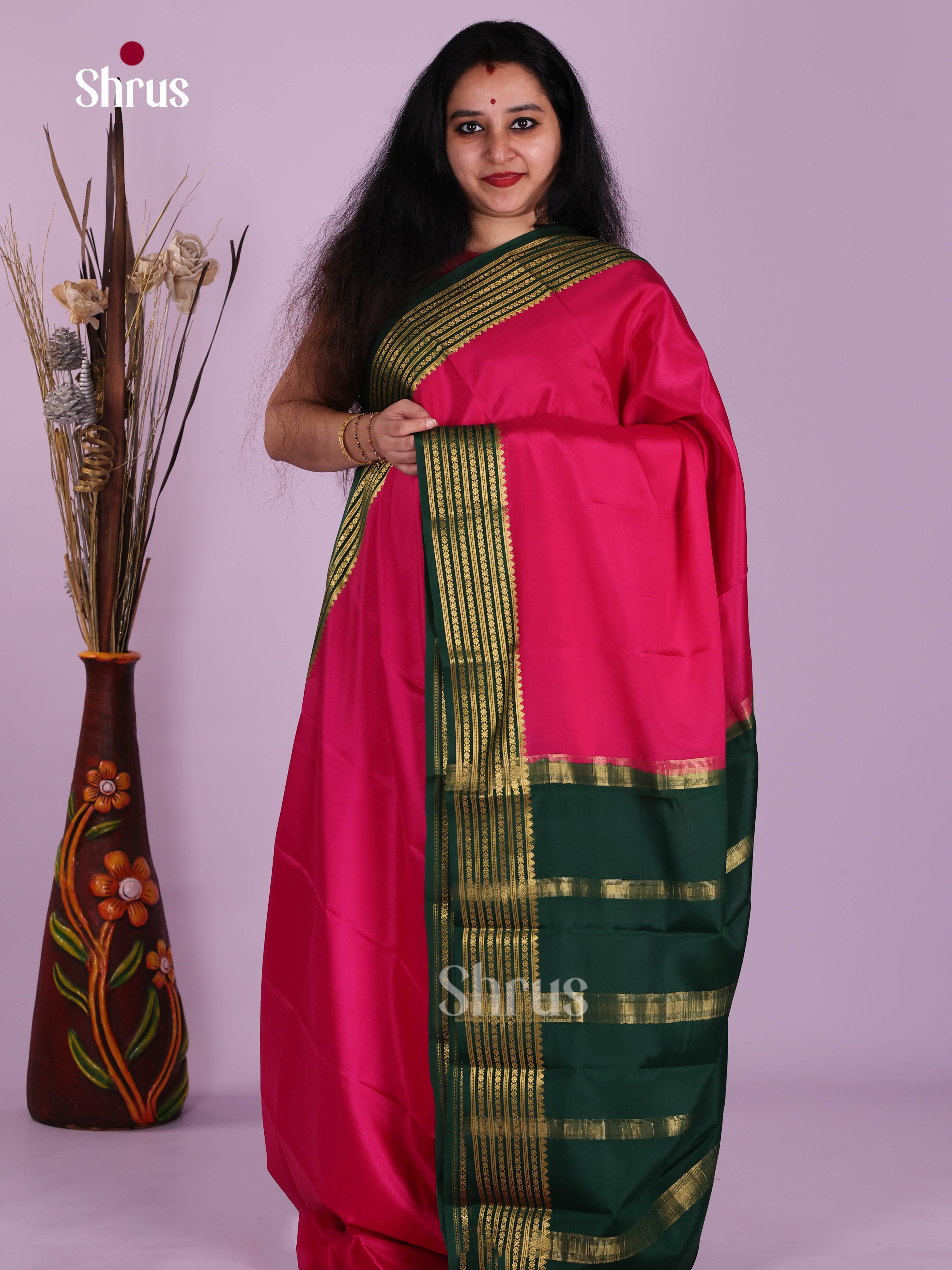 Beautiful Pink Mysore Silk Saree with Green zari border - Shop on Shrus.com