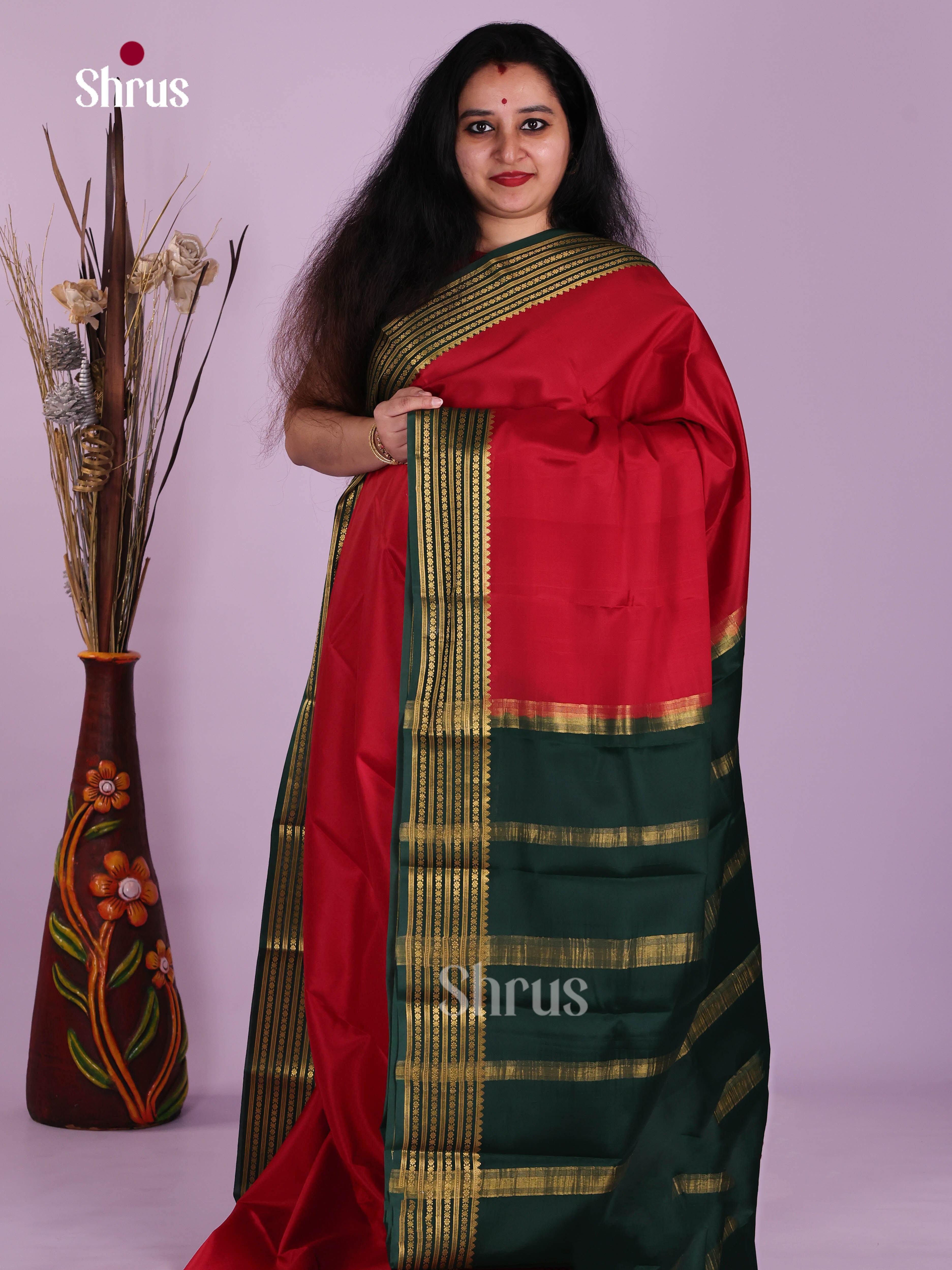 Classic Red Mysore Silk Saree with Green Contrast zari border