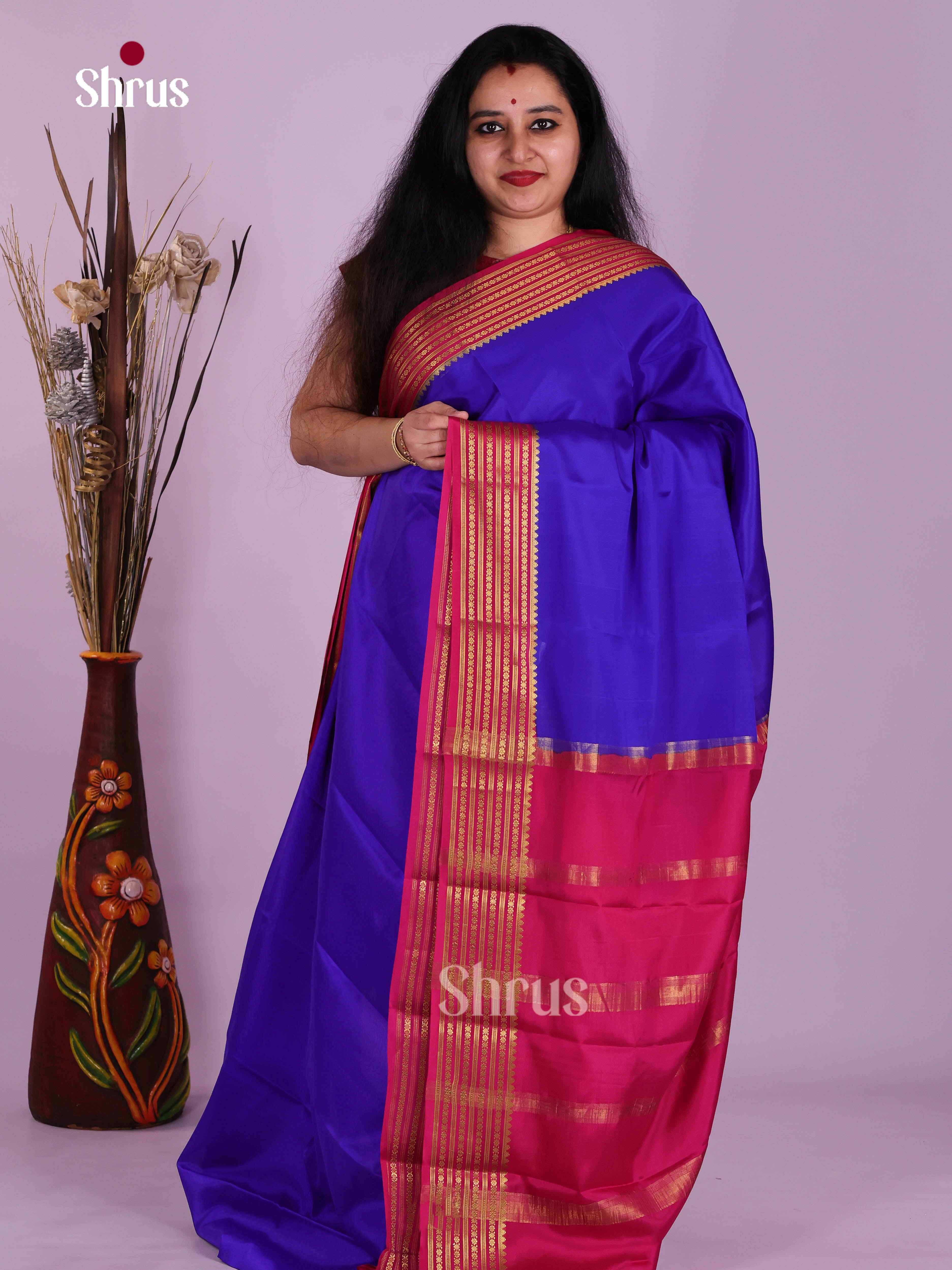 Vibrant Blue & Pink Mysore Silk Saree with zari border - Shop on Shrus.com
