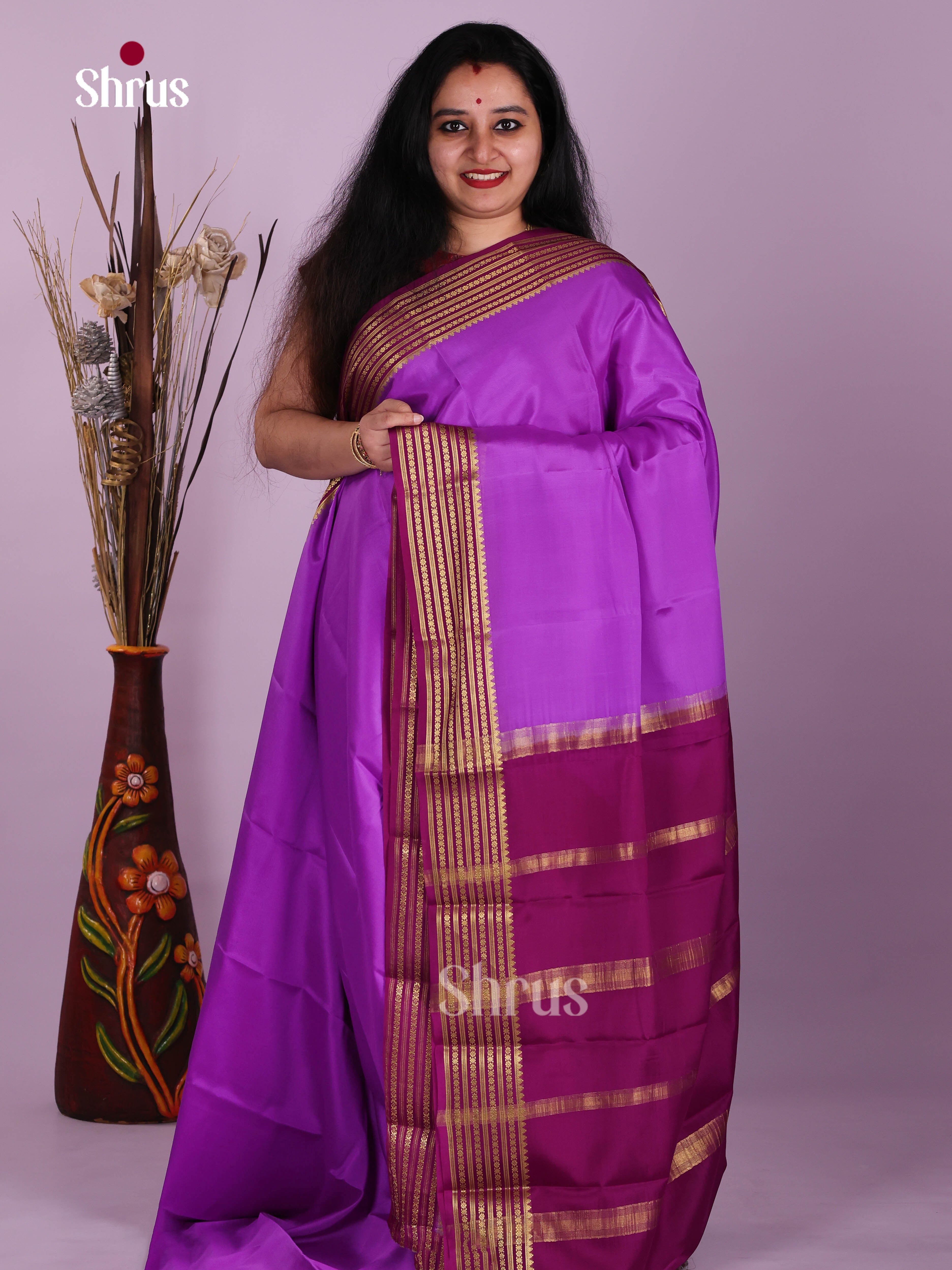 Regal Lilac & Purple Mysore Silk Saree with zari striped border