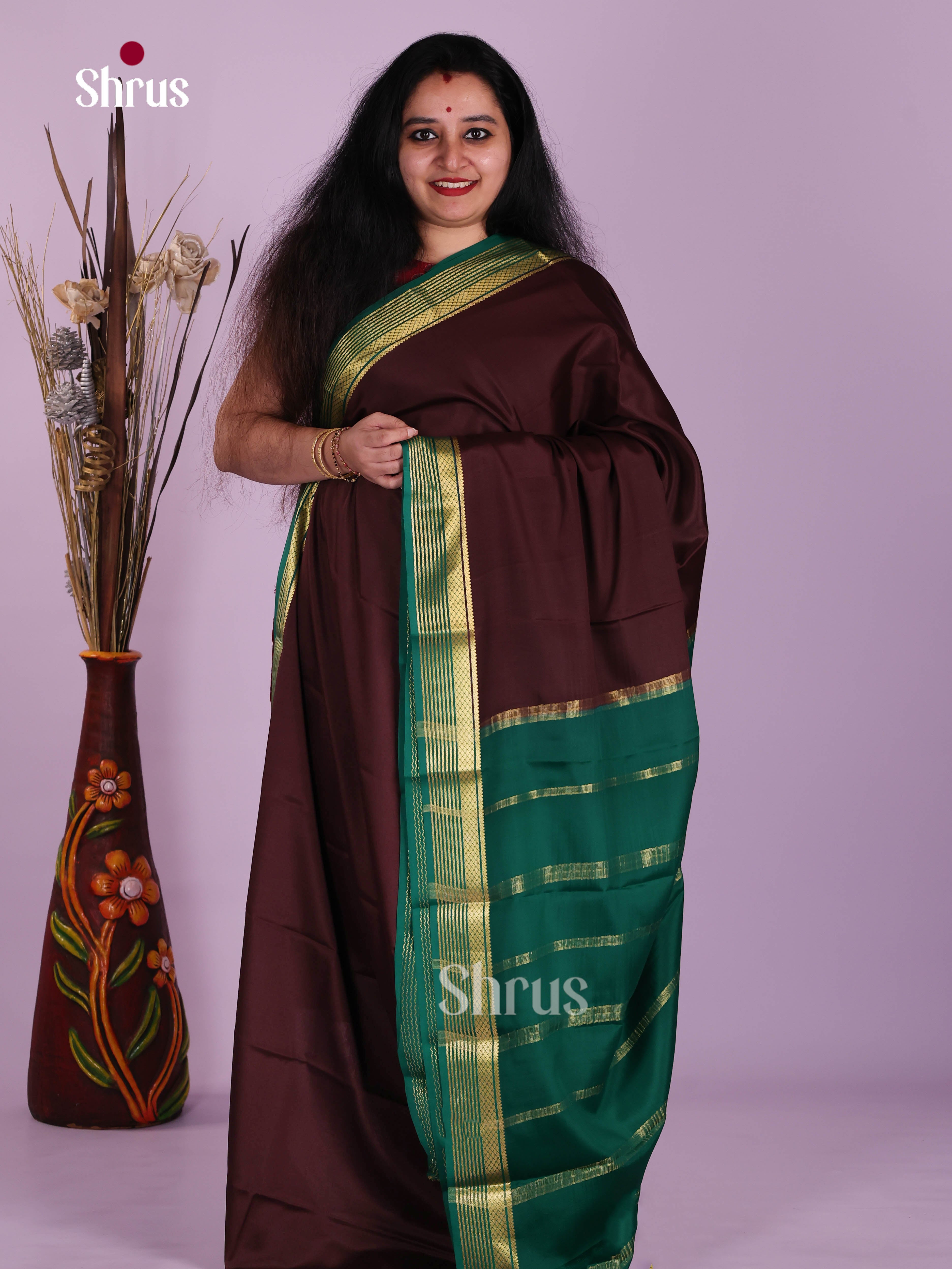 Classy Brown & Green Mysore Silk Saree with traditional zari striped pallu