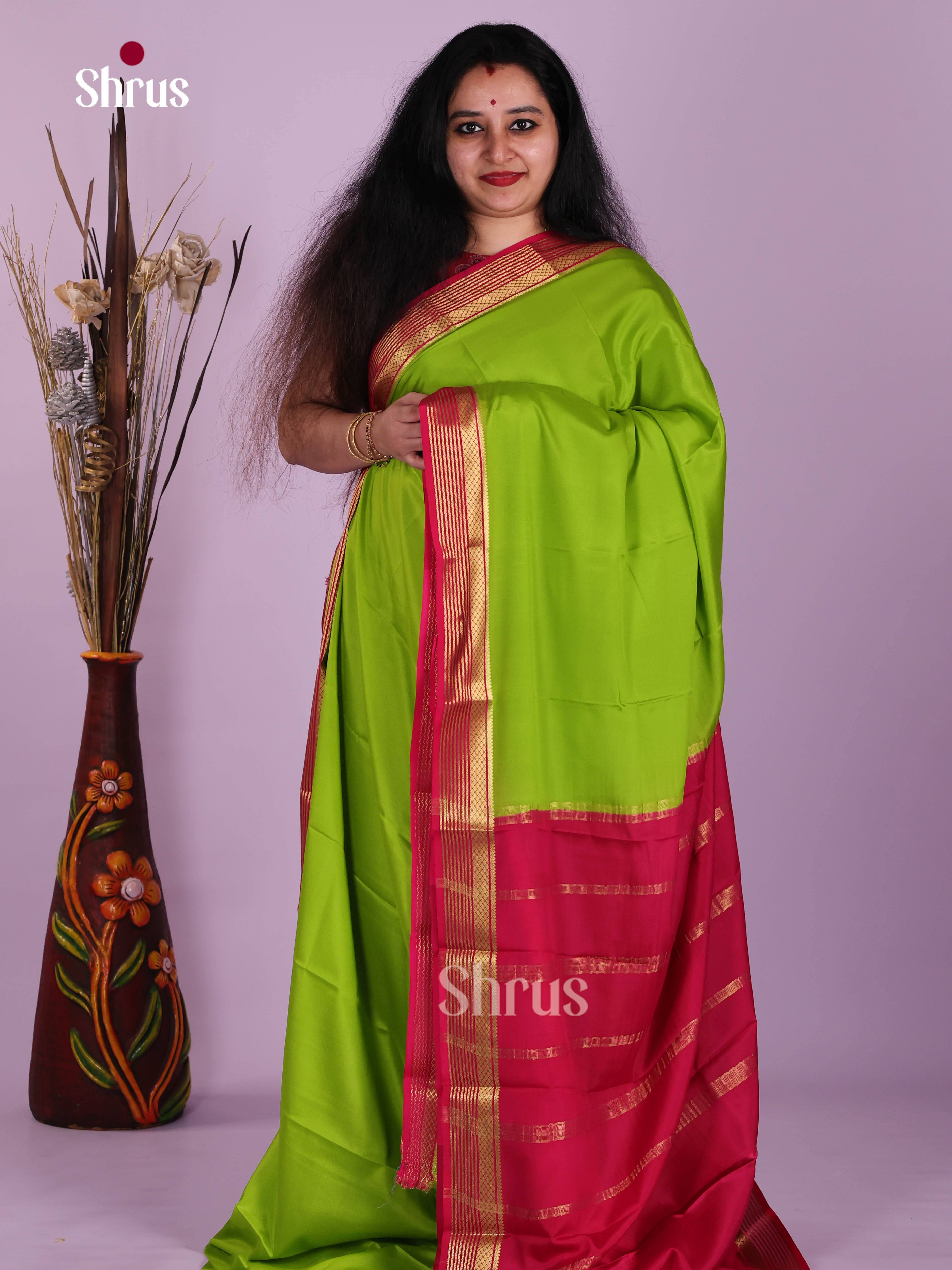 Beautiful Parrot Green & Red Mysore Silk Saree with contrast zari border
