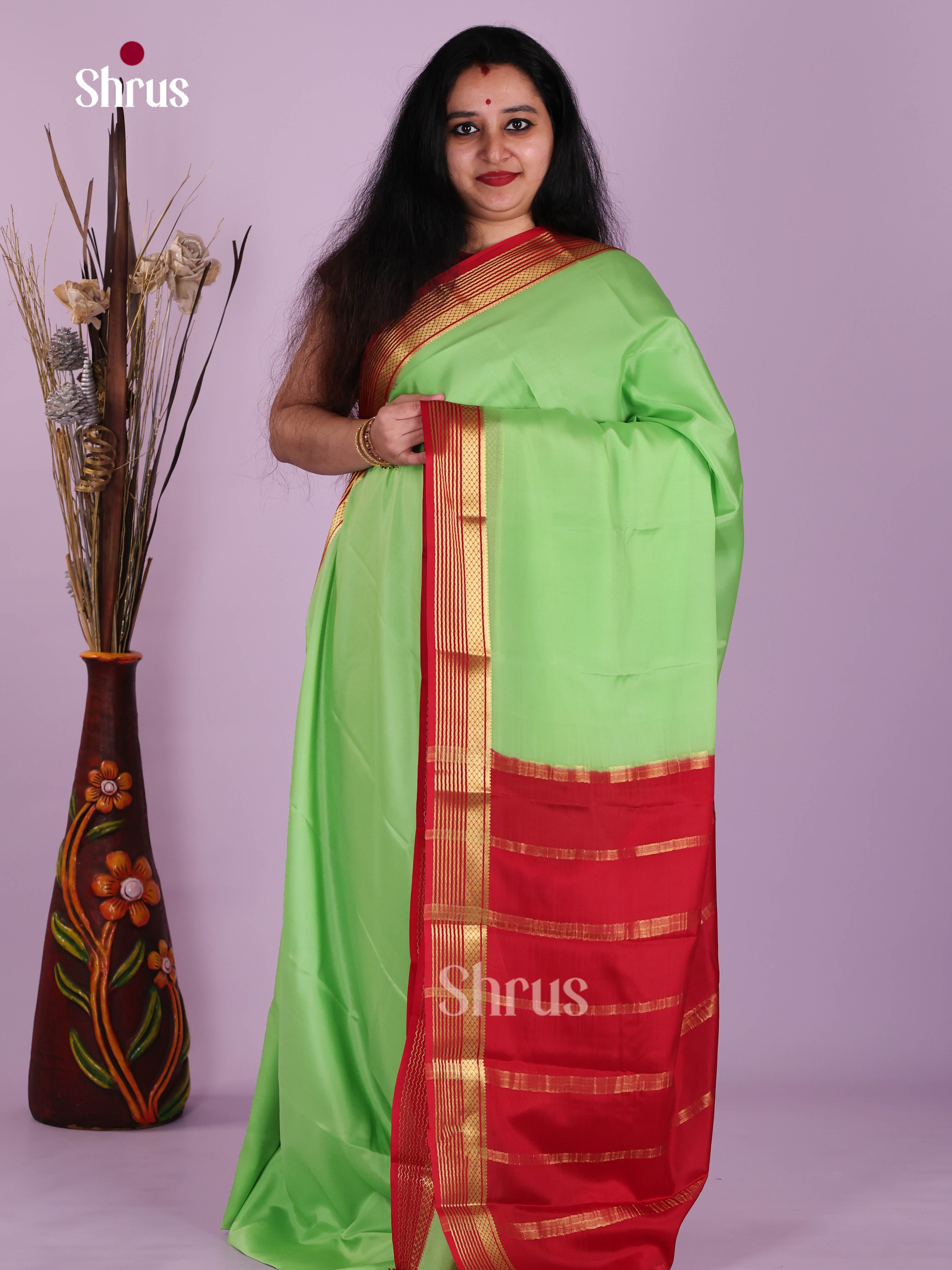 Pretty Pista Green & Red Mysore Silk Saree with splendid zari border - Shop on Shrus.com