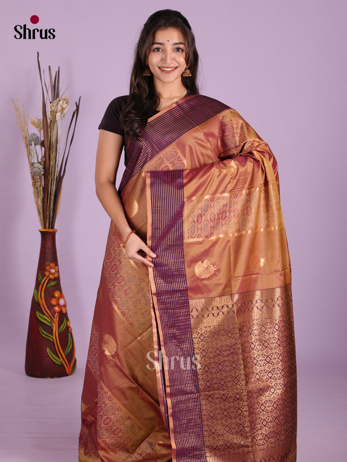 Brown & Purple - Semi Softsilk Saree