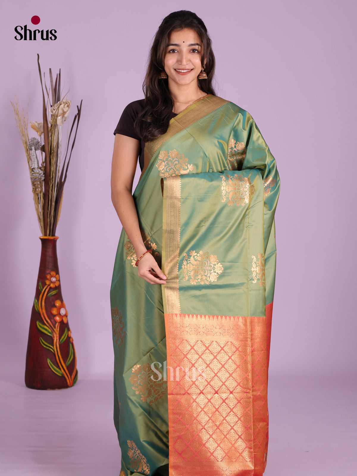 Green & Orange - Semi Softsilk Saree