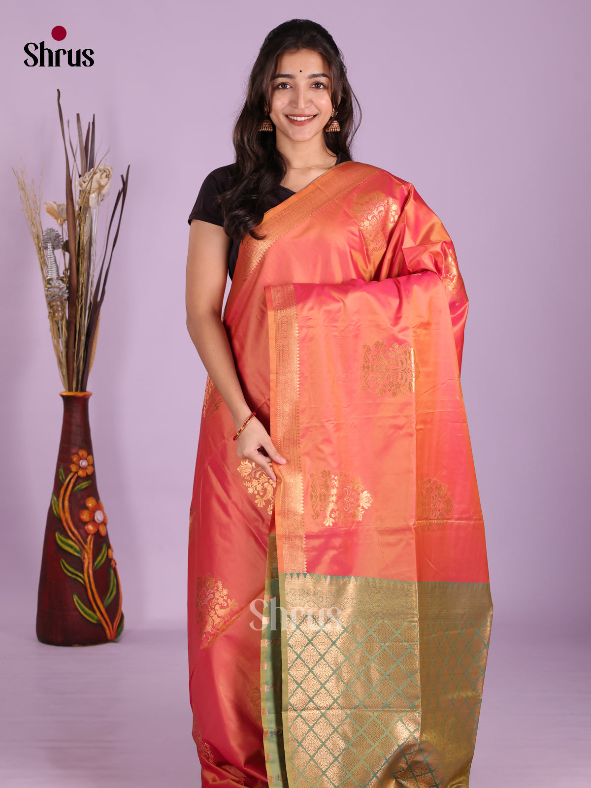Orange & Green - Semi Softsilk Saree