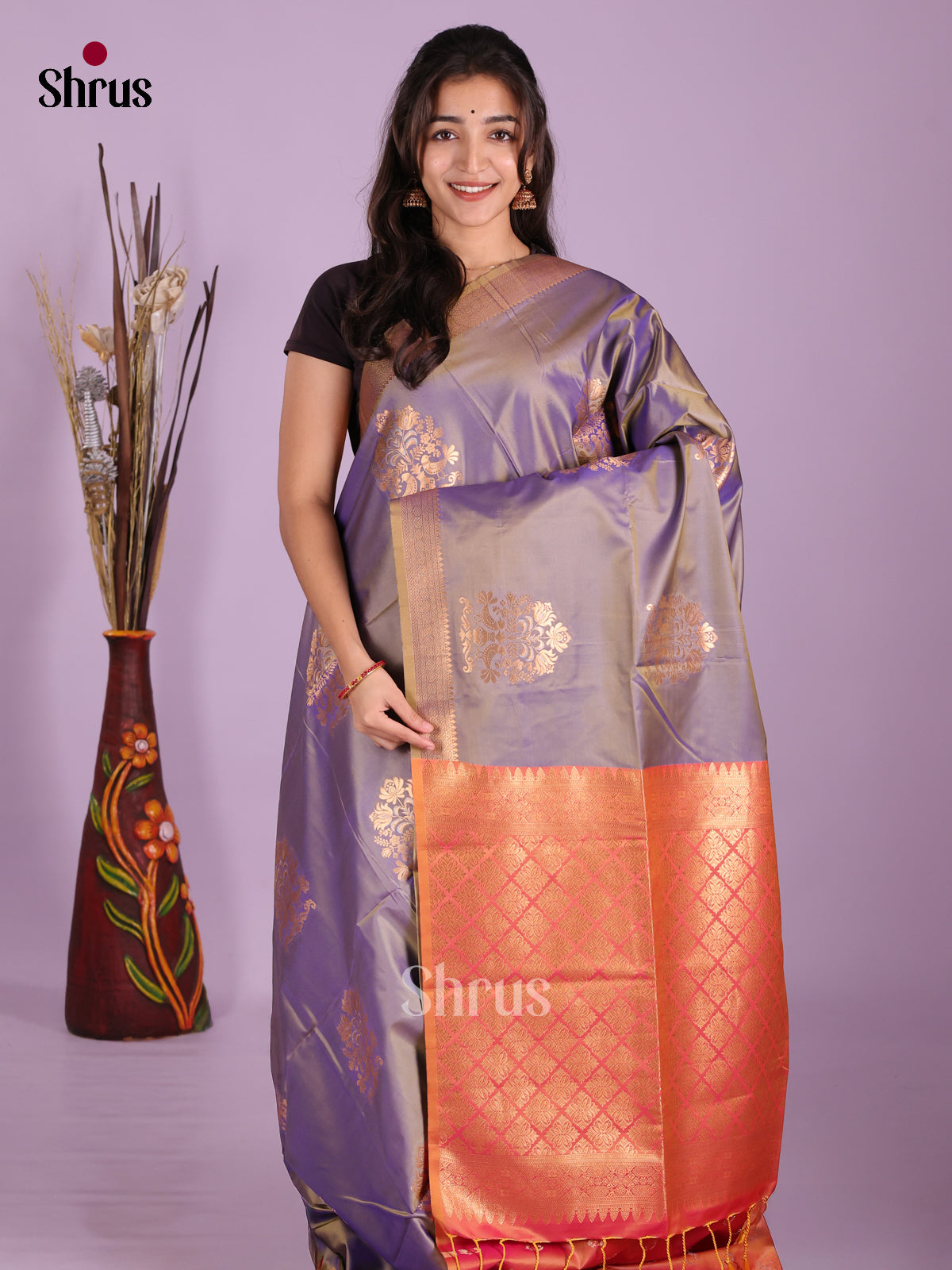 Purple & Orange - Semi Softsilk Saree