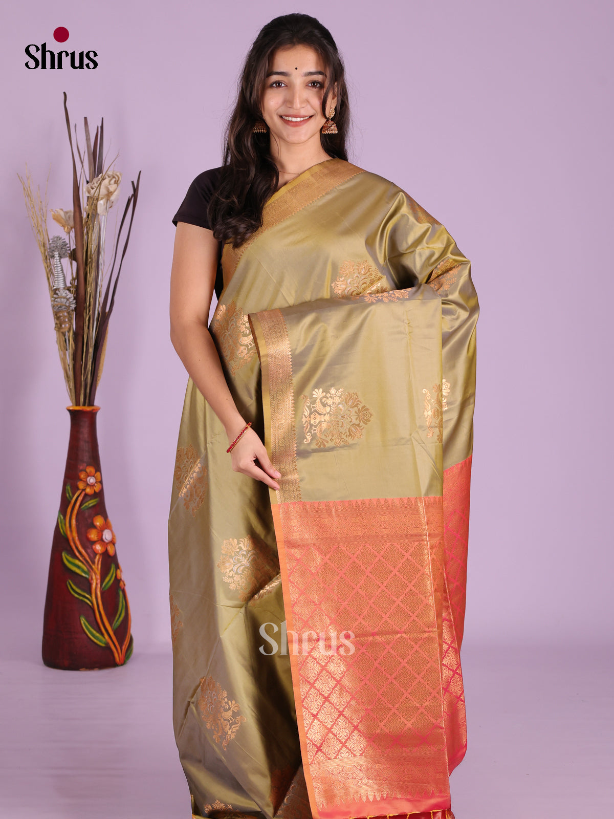 Elachi Green & Orange- Semi Softsilk Saree