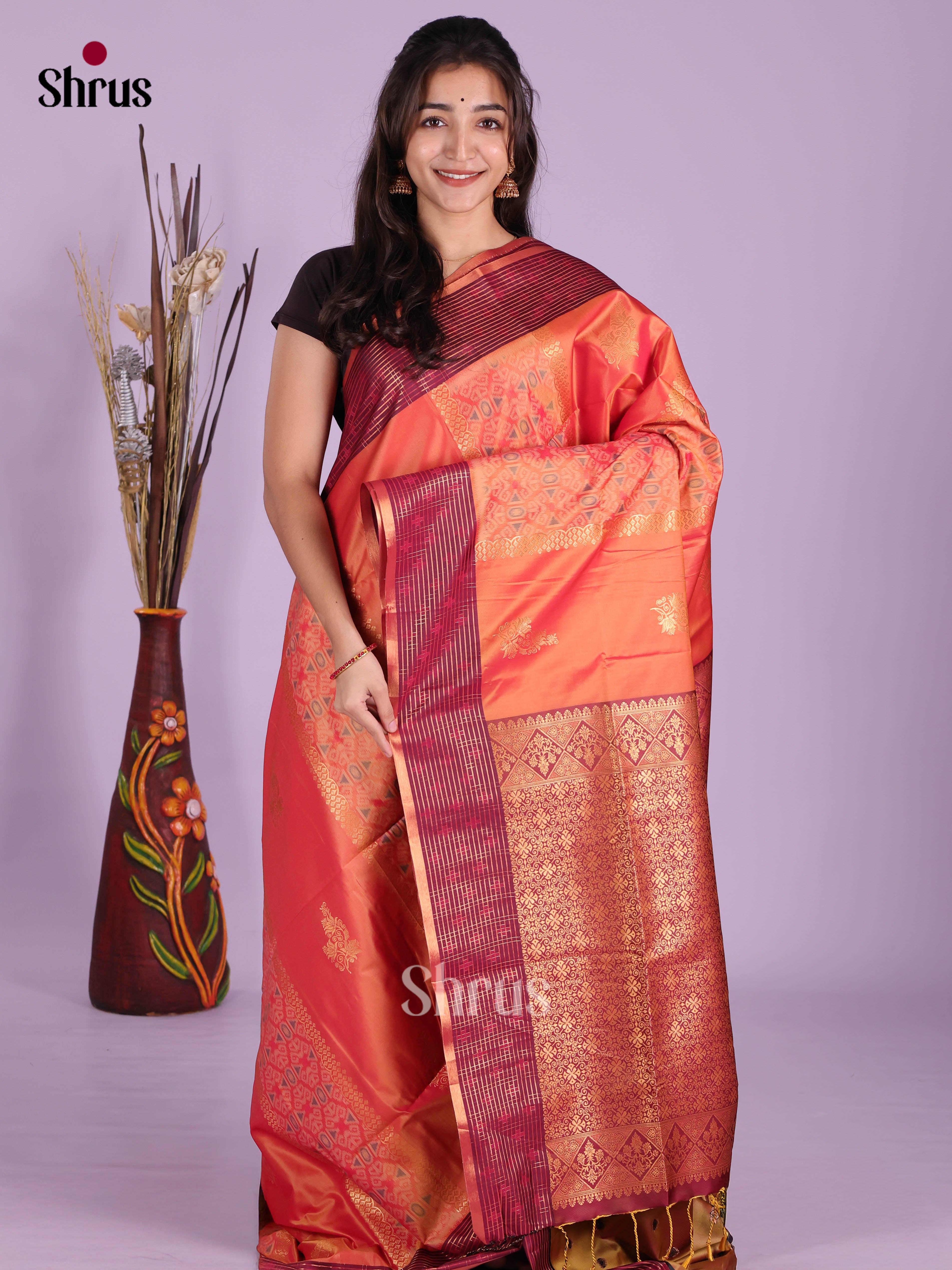 Orangish Pink & Maroon - Semi Softsilk Saree