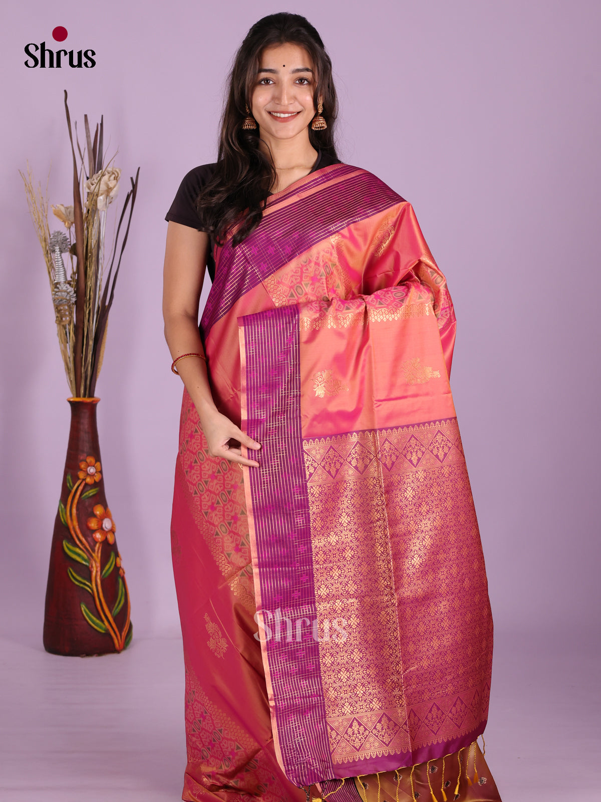 Orangish Pink & Purple - Semi Softsilk Saree
