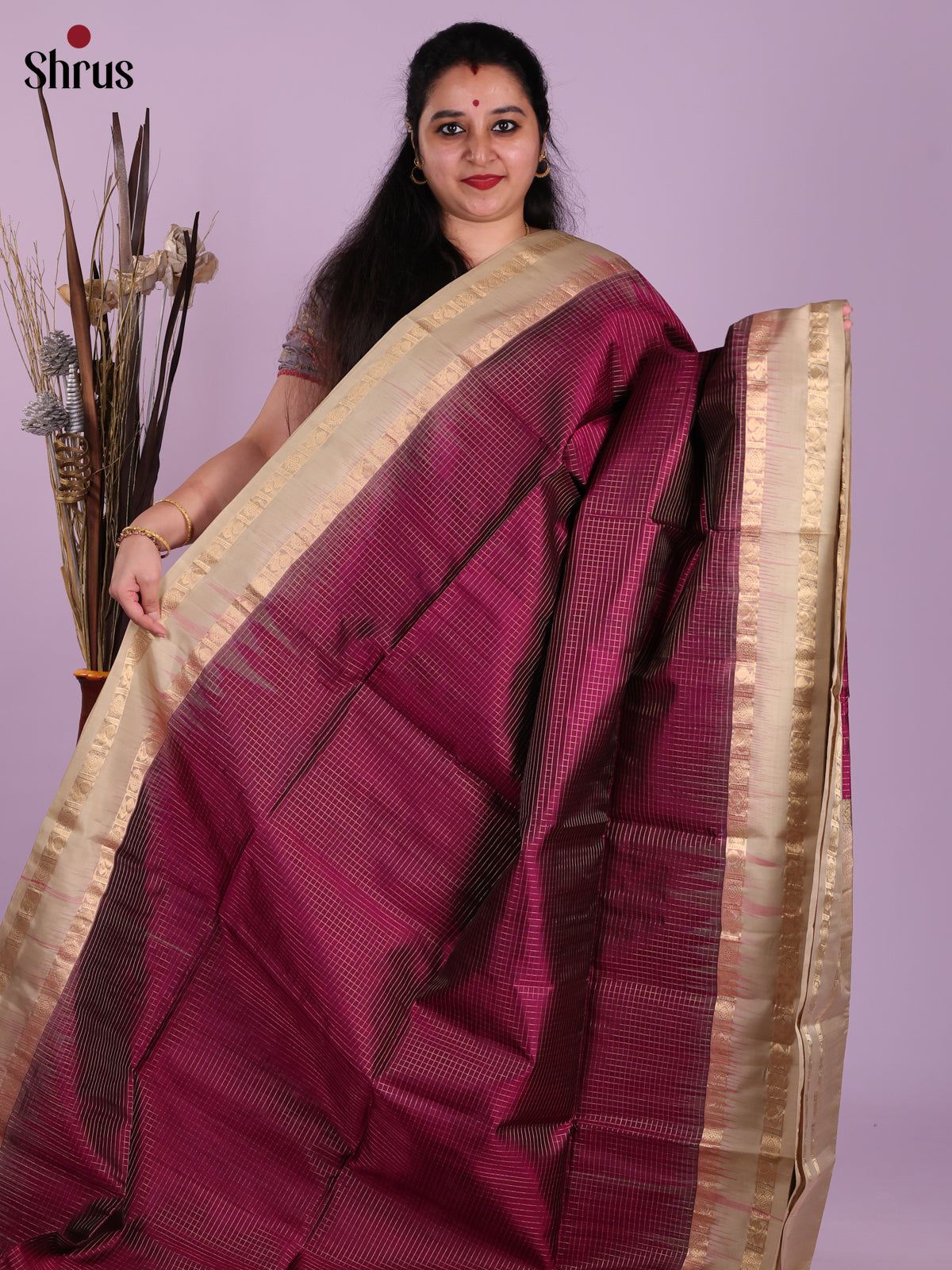 Classic Maroon & Grey Soft Silk Saree with zari checks, rettaipet border