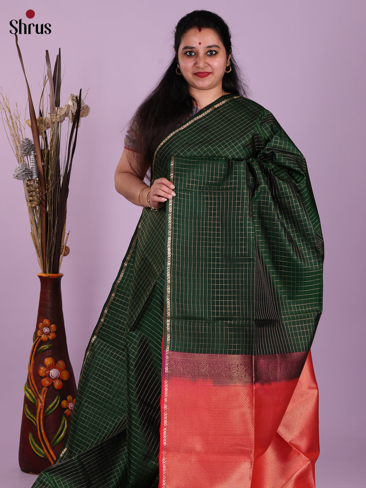 Timeless Green & Orangish Pink Soft Silk Saree with zari checks , traditional brocade pallu - Shop on Shrus.com