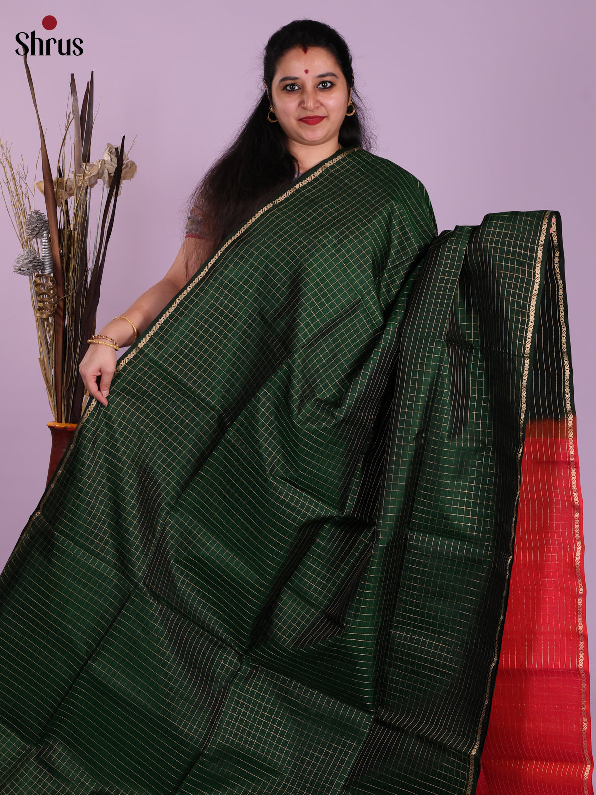 Timeless Green & Orangish Pink Soft Silk Saree with zari checks , traditional brocade pallu - Shop on Shrus.com