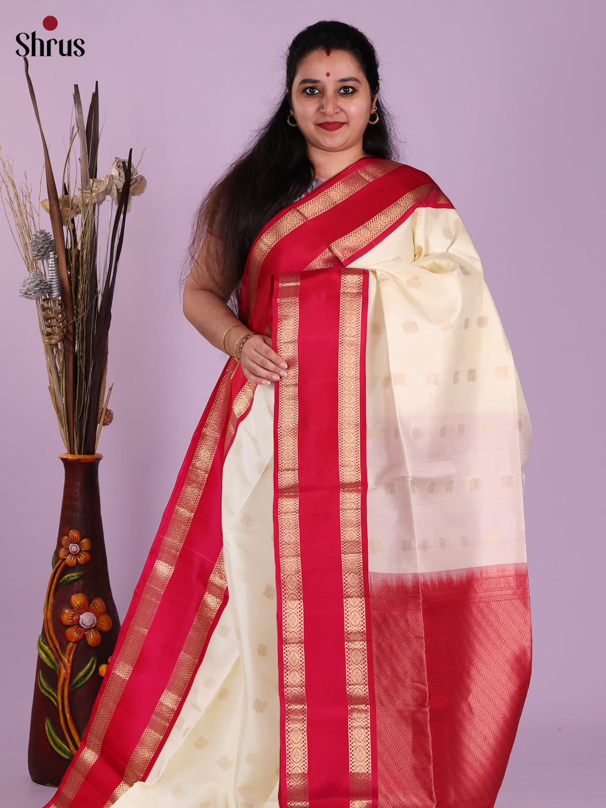 Classic White Soft Silk Saree With Golden Buttas & Red Rettaipet Zari Border