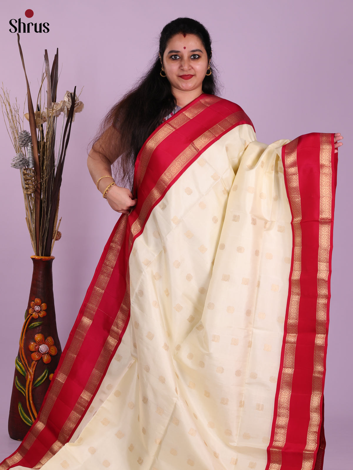 Classic White Soft Silk Saree With Golden Buttas & Red Rettaipet Zari Border