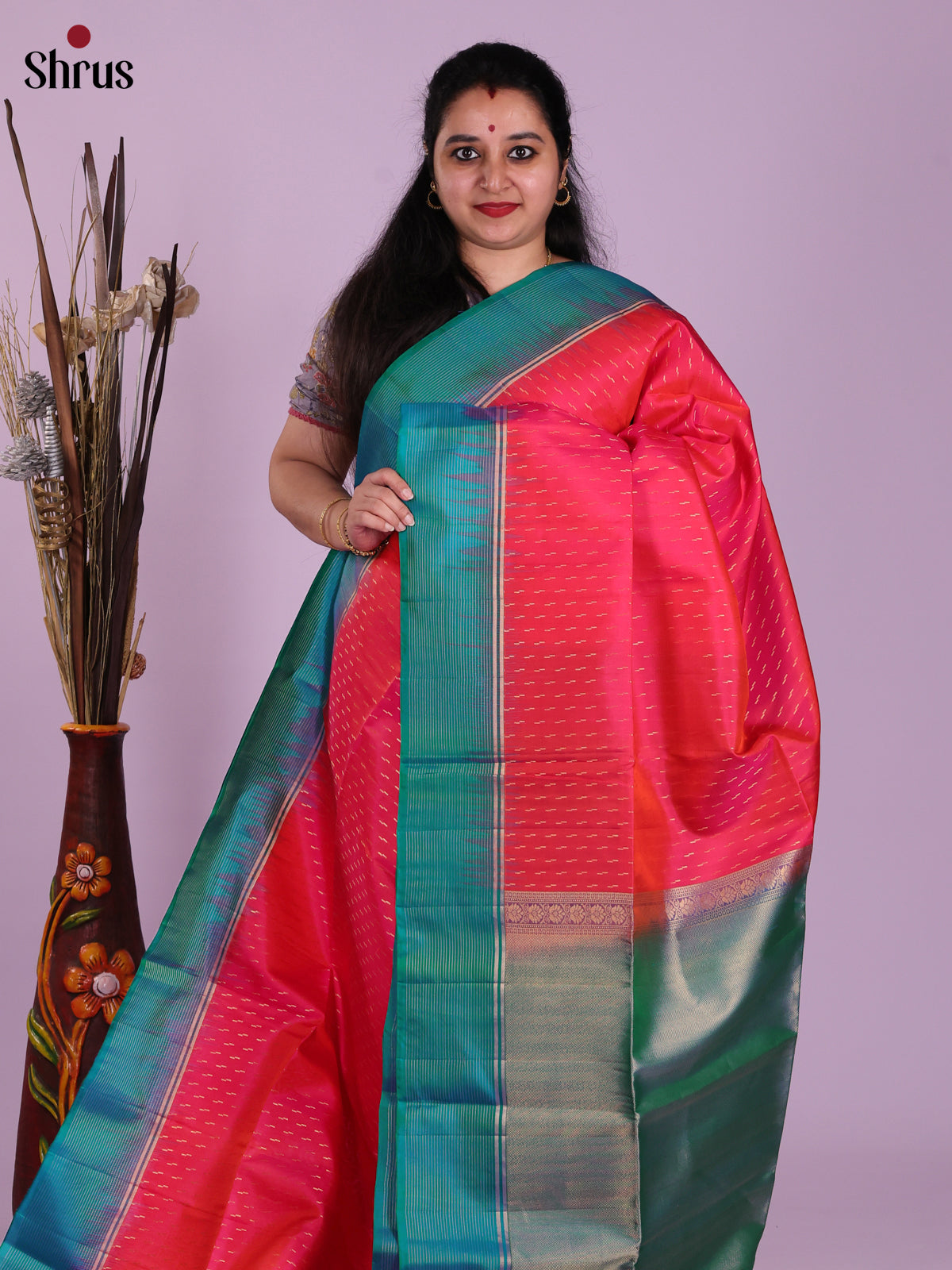 Radiant Pink Soft Silk Saree With Intricately Woven Zari Buttas & Teal Pallu