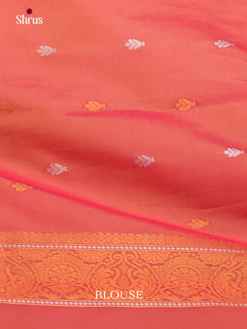 Light Green & Orange - Semi Softsilk Saree