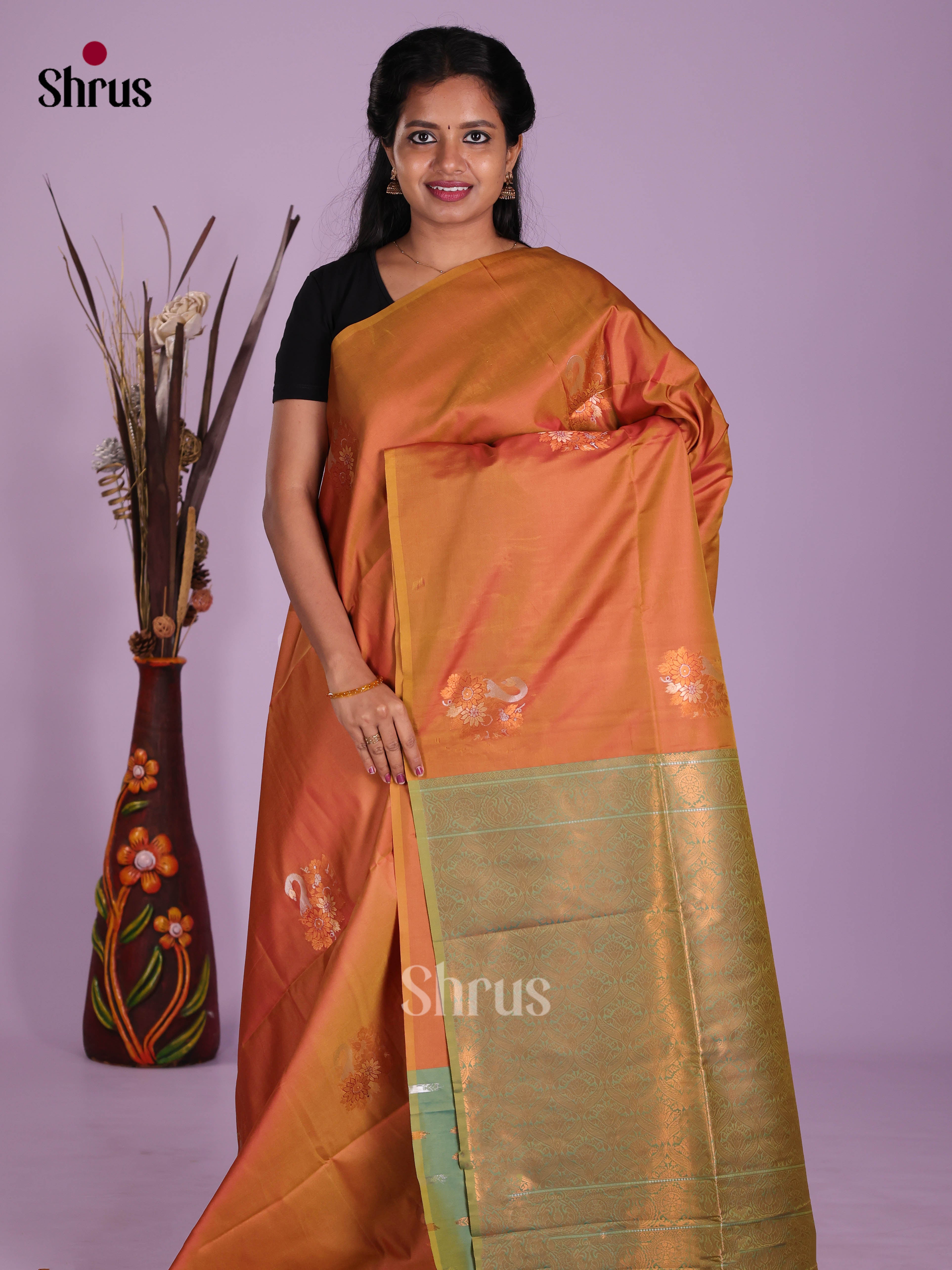 Brick & Green - Semi Softsilk Saree