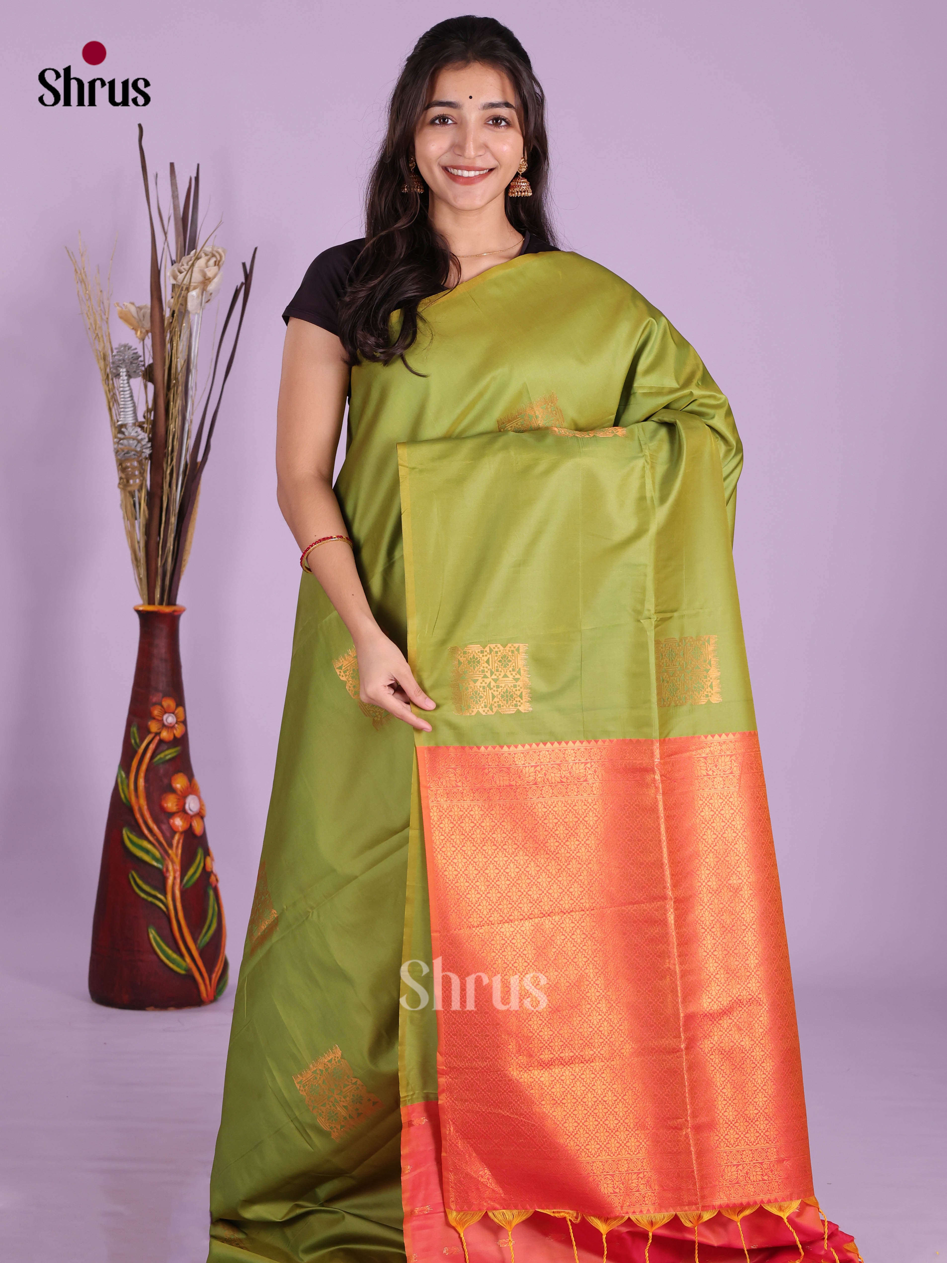 Green & Orange - Semi Softsilk Saree
