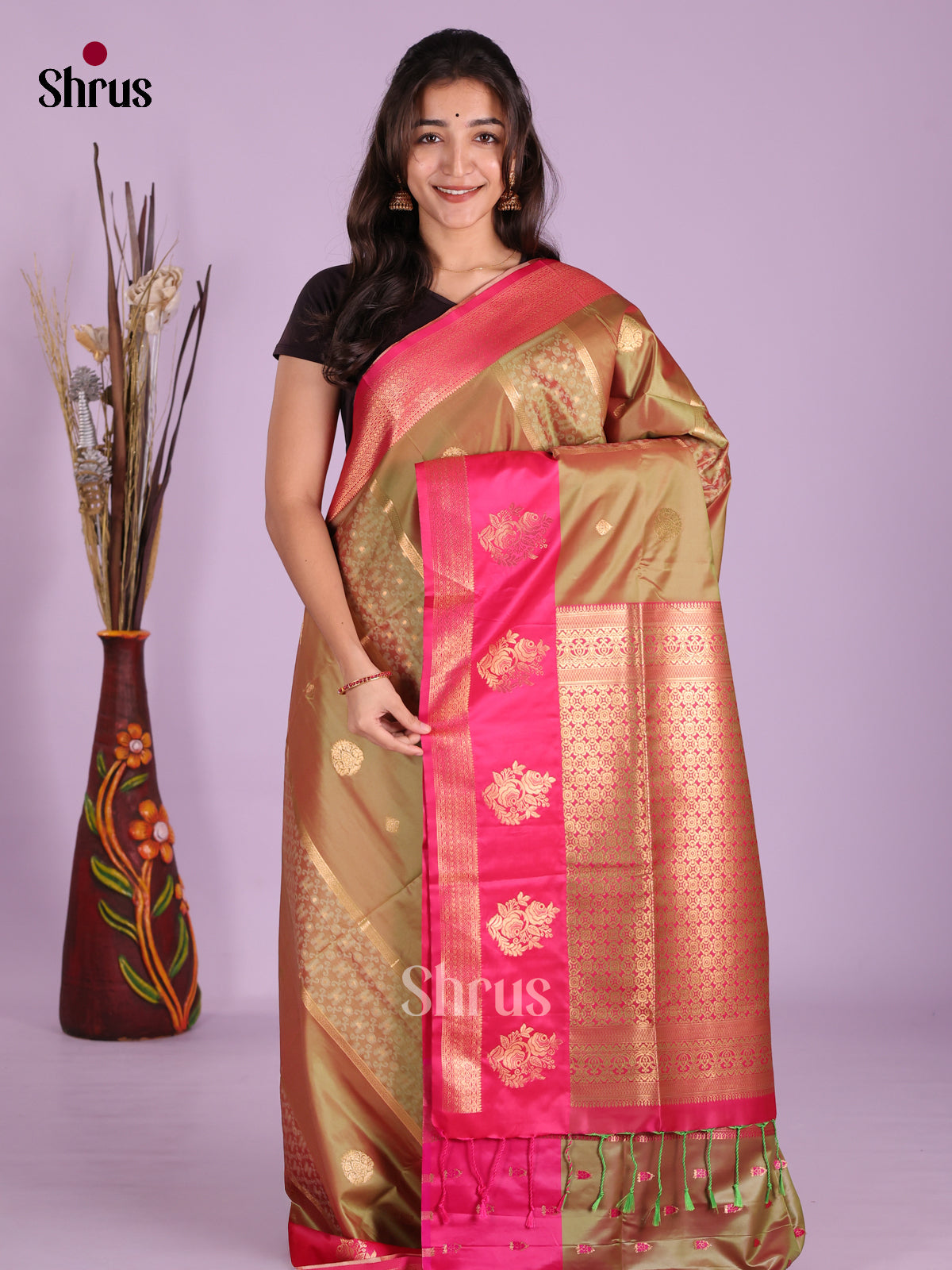 Double Shaded Green & Pink - Semi Softsilk Saree