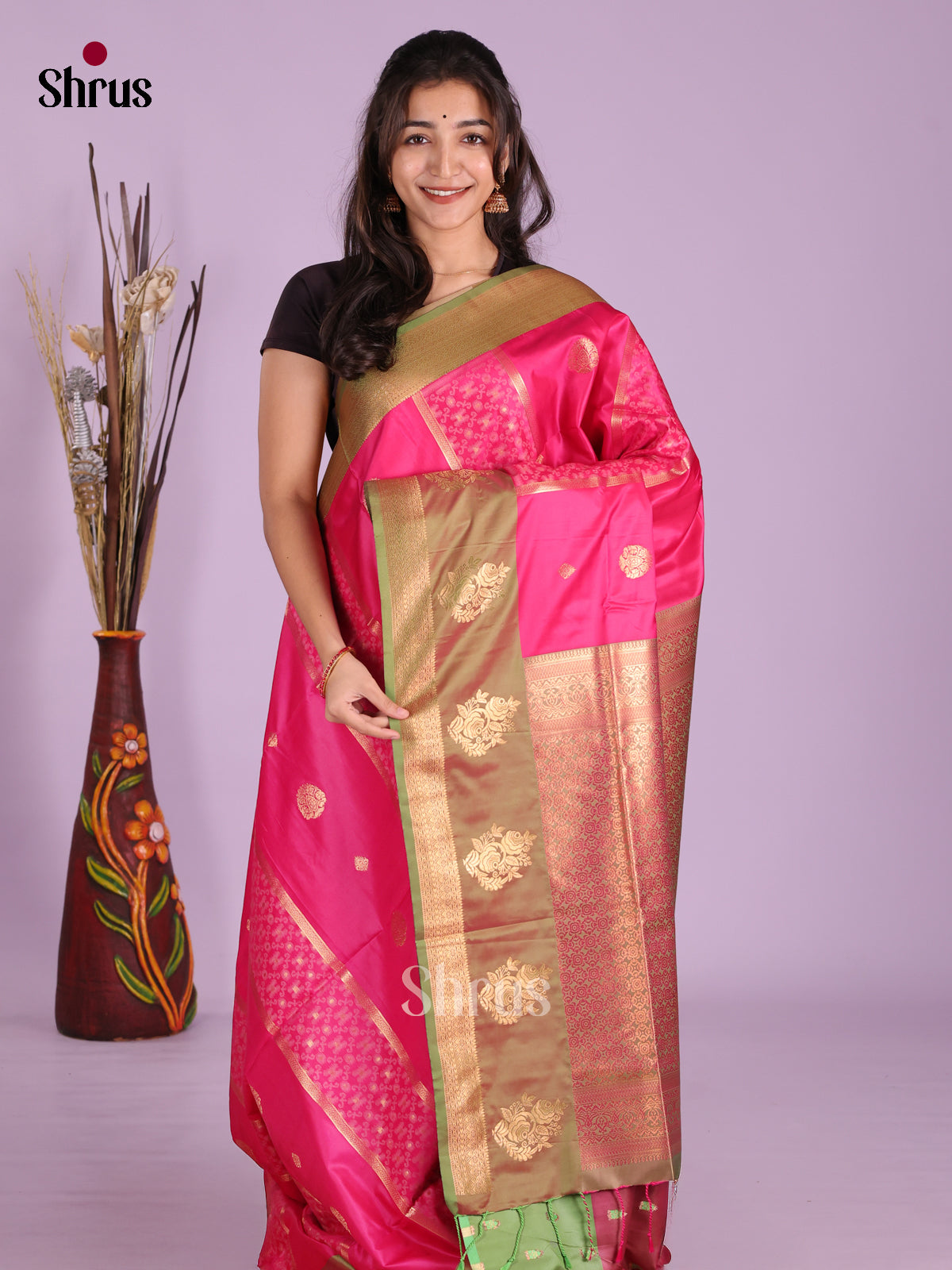 Pink & Green - Semi Softsilk Saree