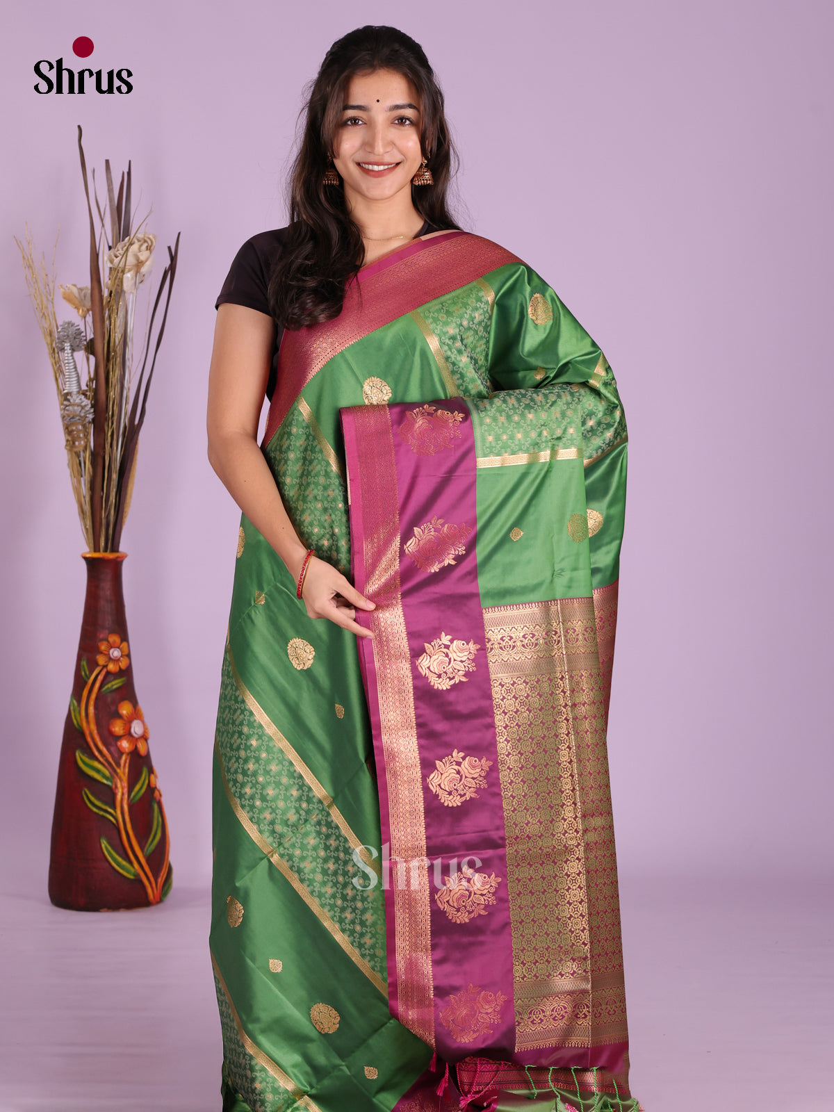 Green & Purple - Semi Softsilk Saree