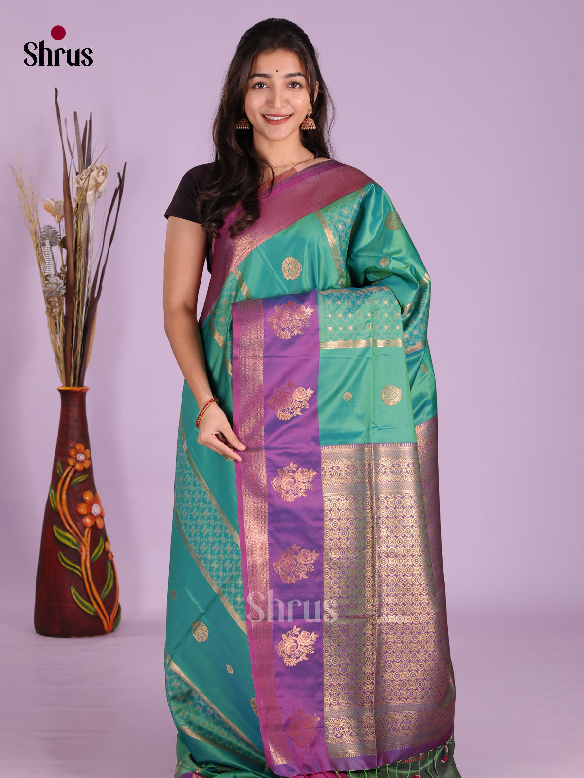 Green & Purple - Semi Softsilk Saree