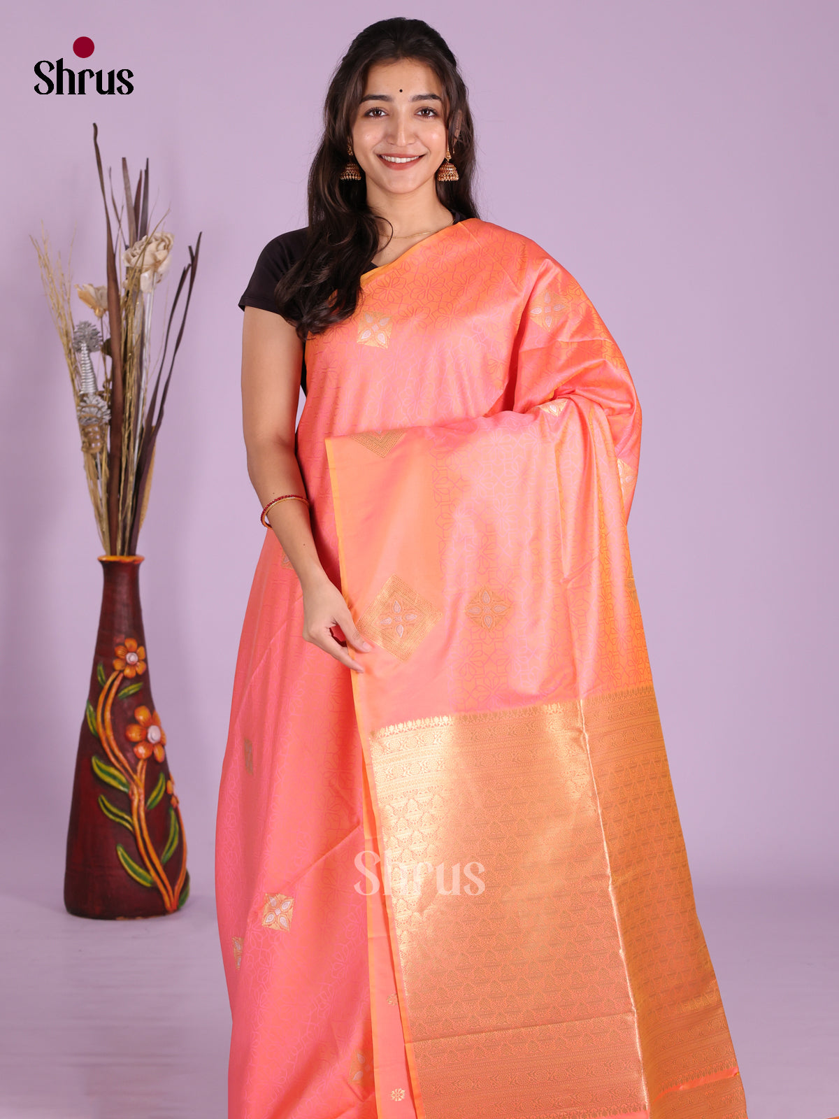 peachish Pink - Semi Softsilk Saree