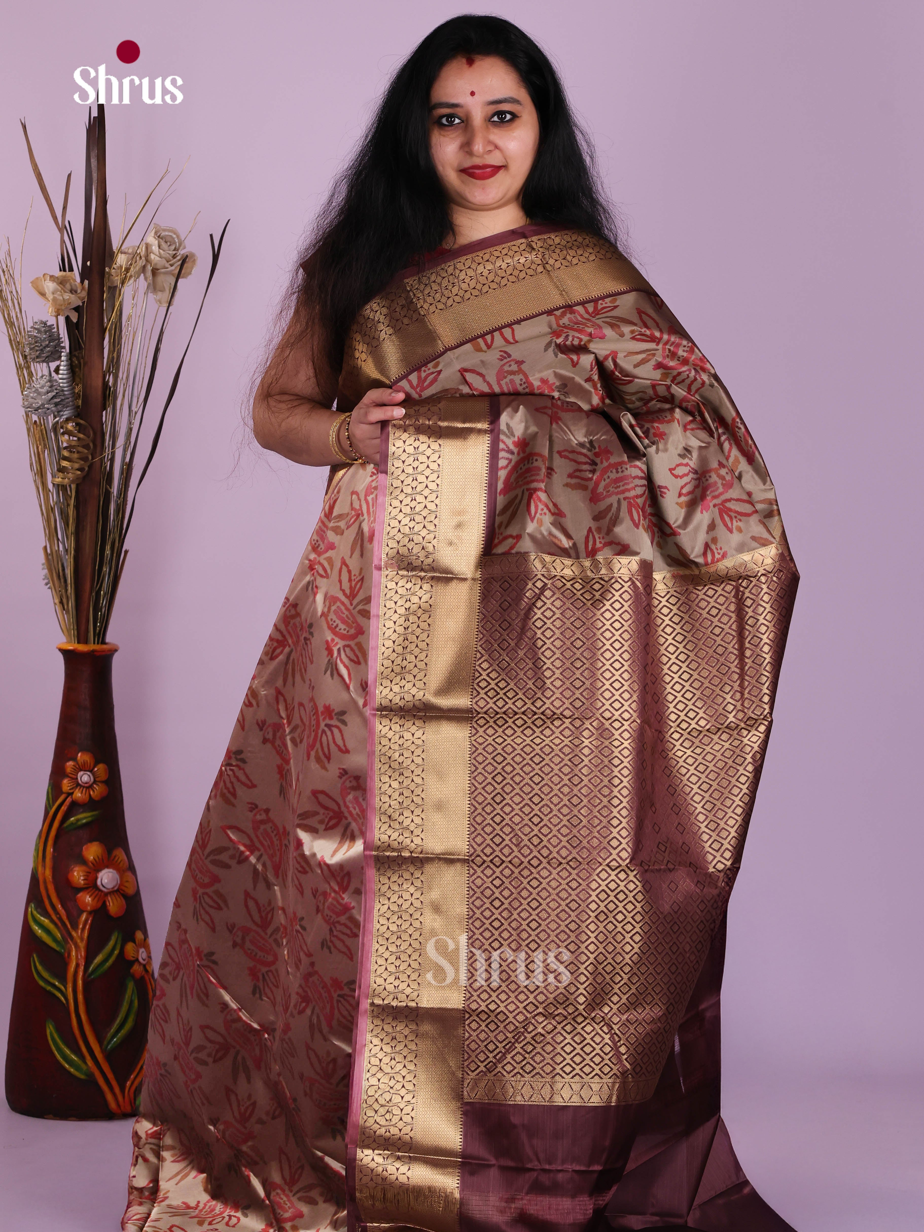 Grey & Maroon - Kanchipuram-halfpure Saree