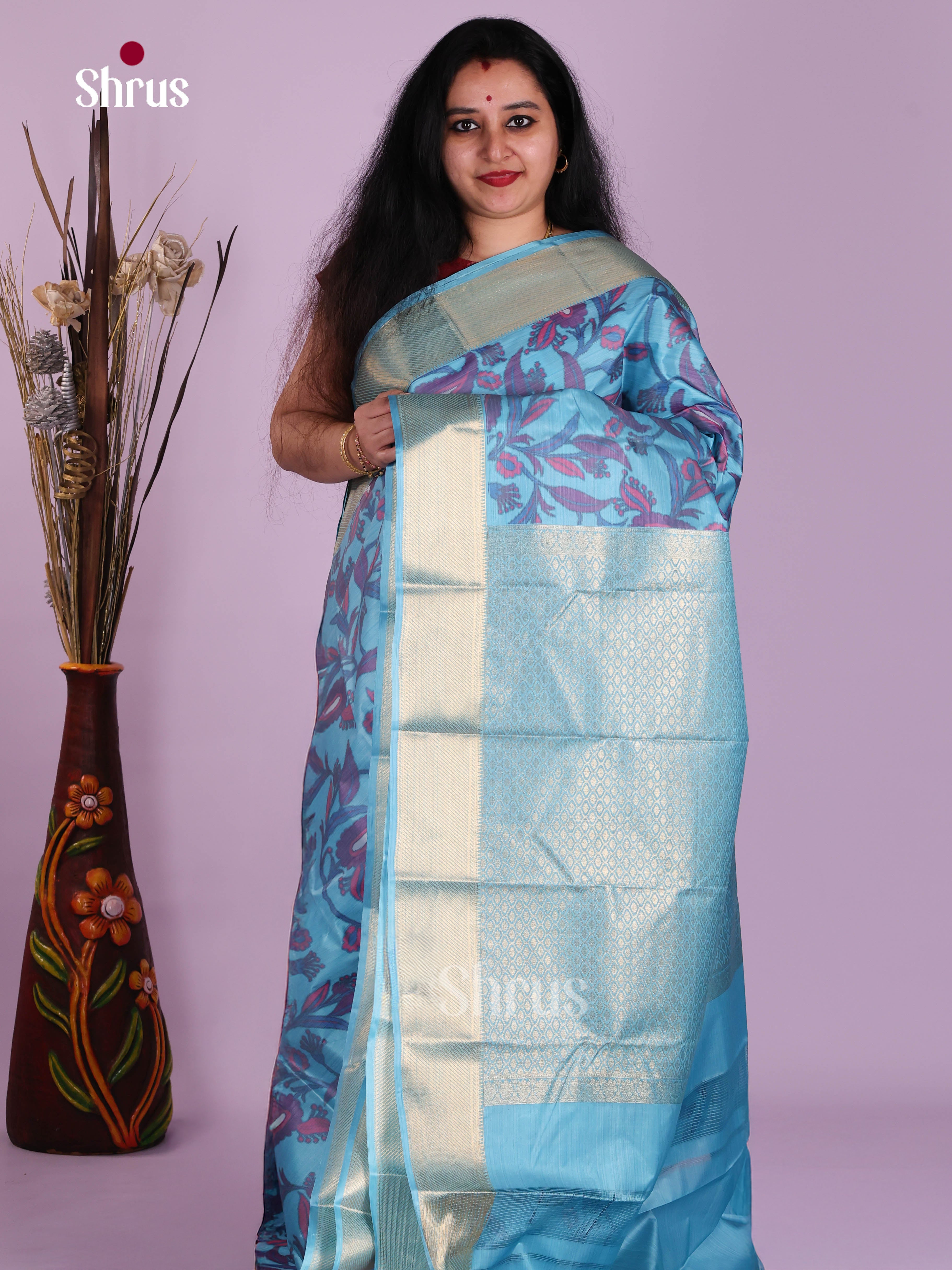 Pastel Blue - Kanchipuram-halfpure Saree