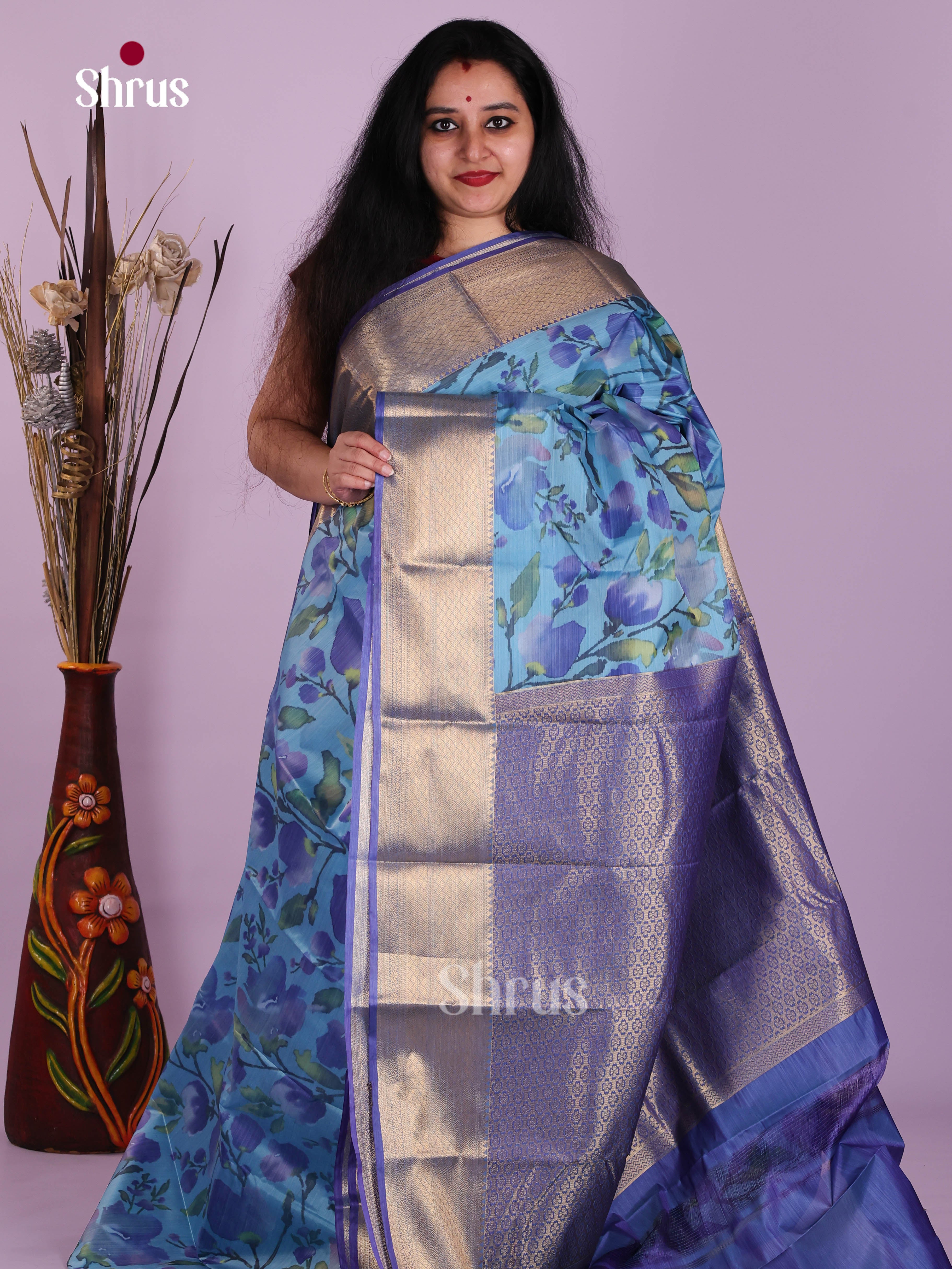 Light Blue & Blue - Kanchipuram-halfpure Saree