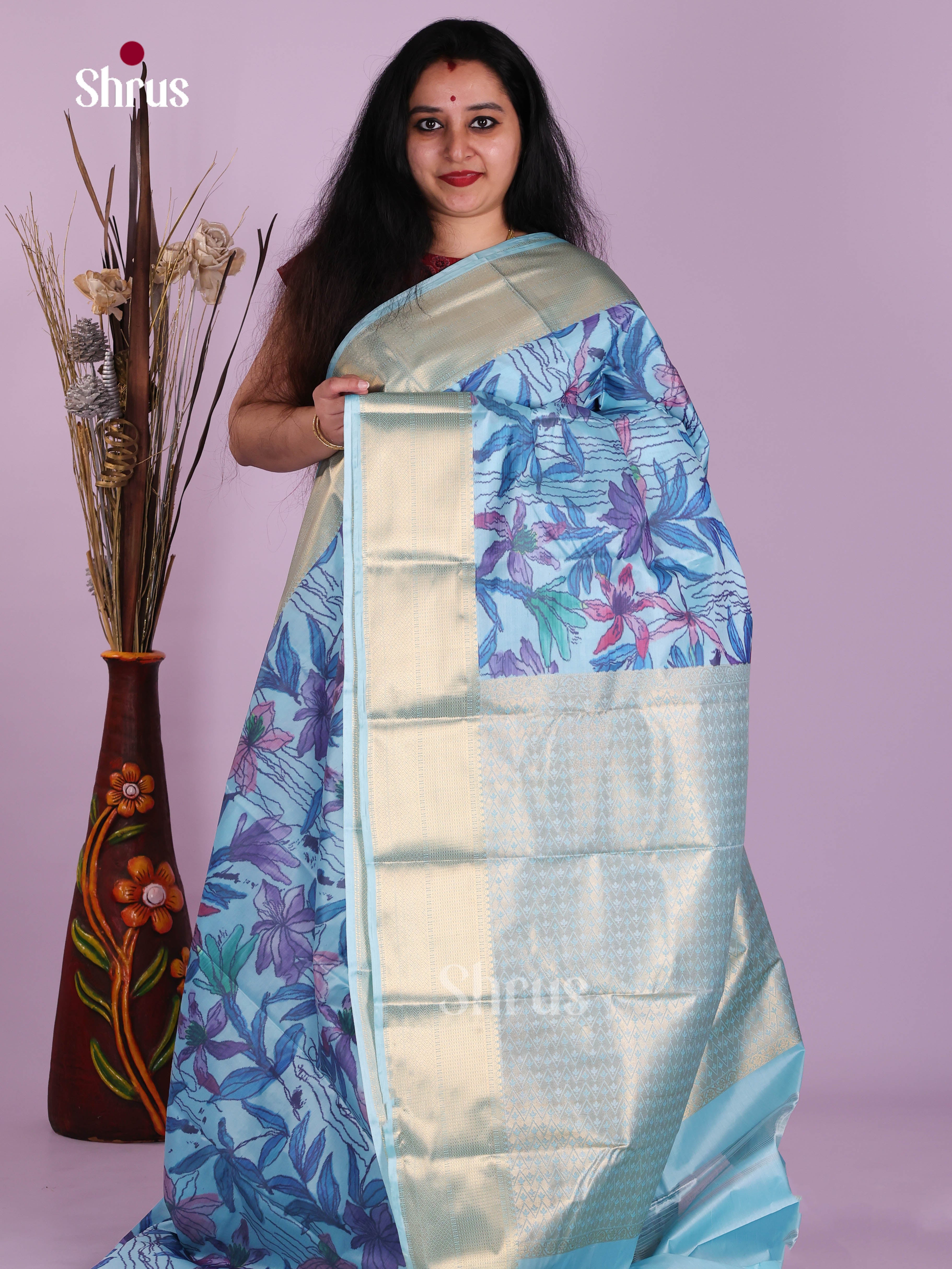 Pastel Blue - Kanchipuram-halfpure Saree
