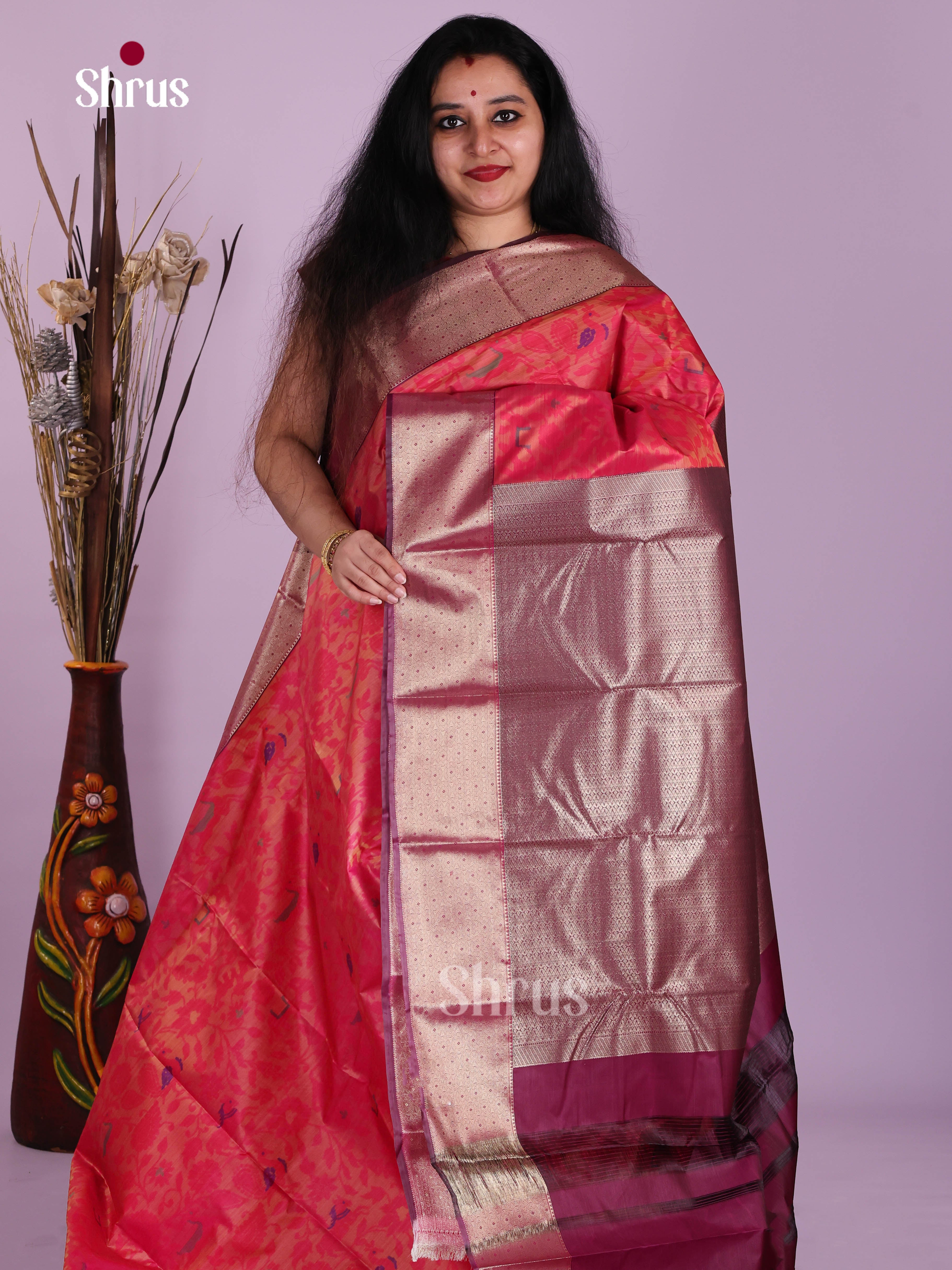 Reddish Pink & Maroon - Kanchipuram-halfpure Saree