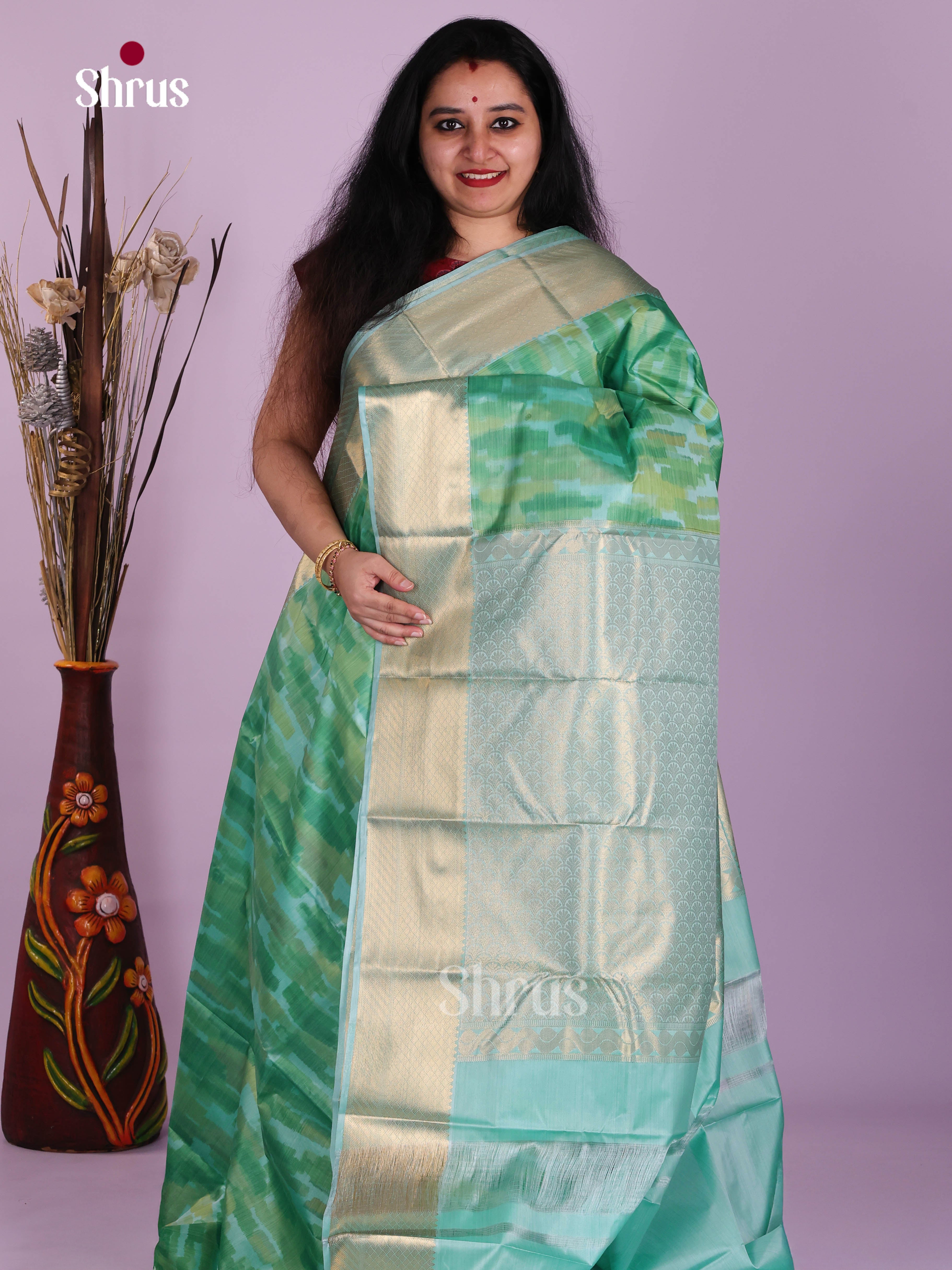 Aqua Blue & Green - Kanchipuram-halfpure Saree