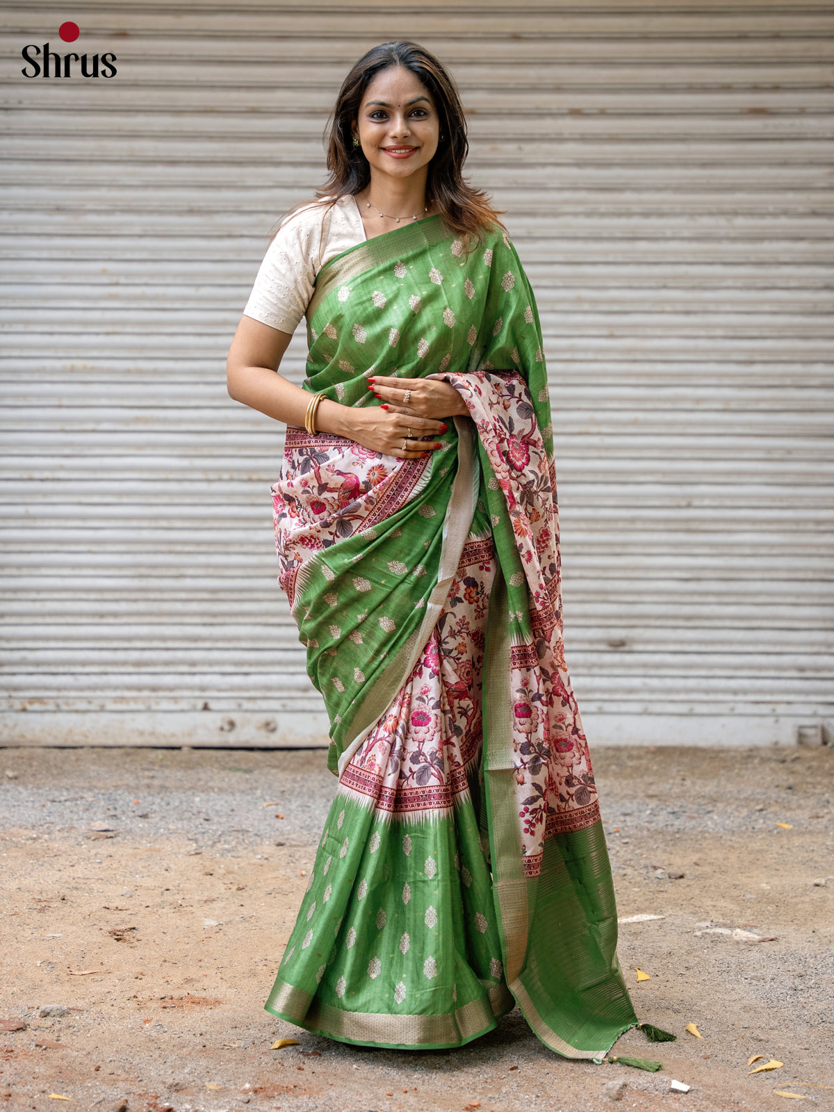 Light Green & Cream - Semi Dola silk Saree