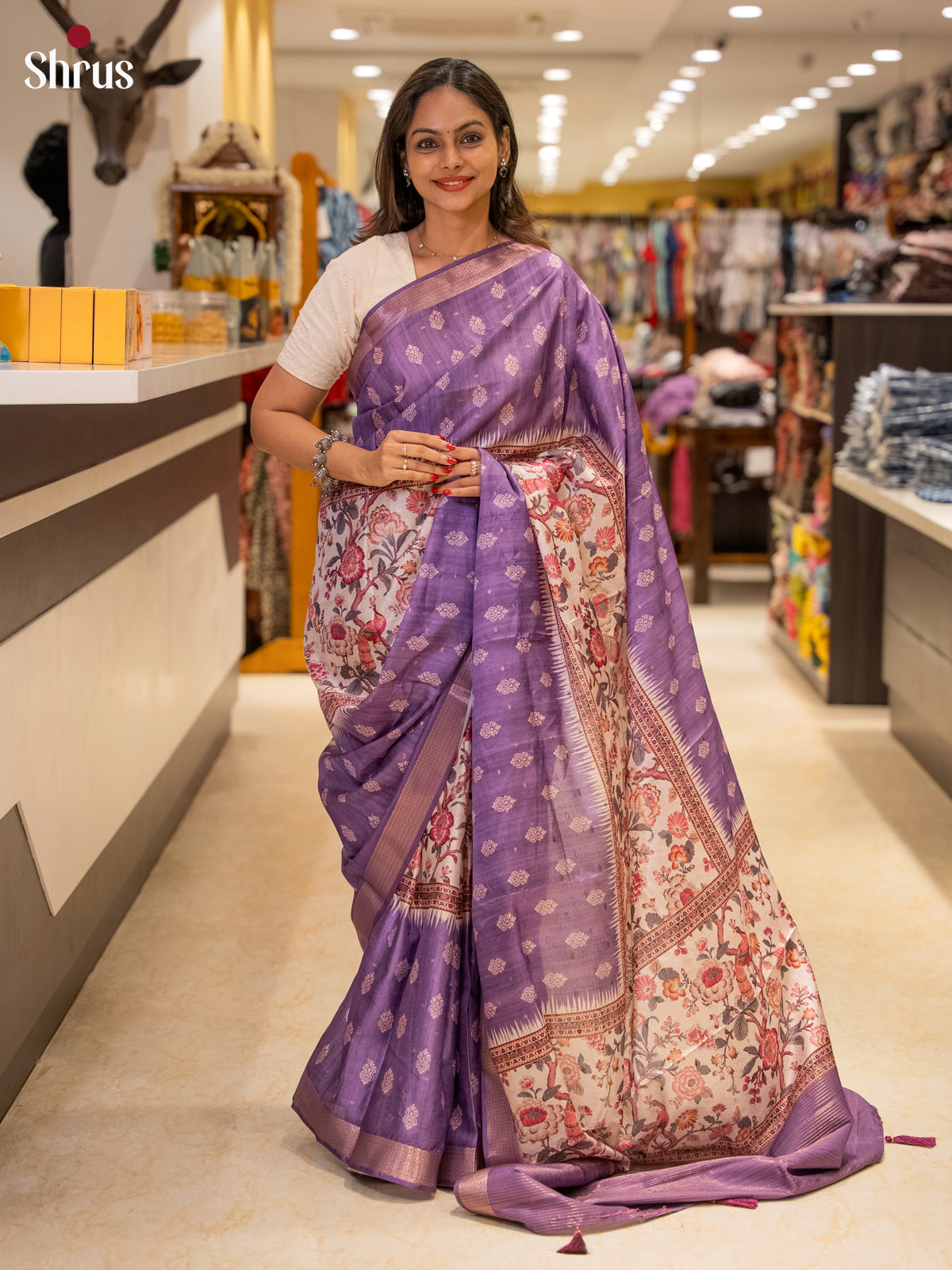 Purple & Cream - Semi Dola silk Saree